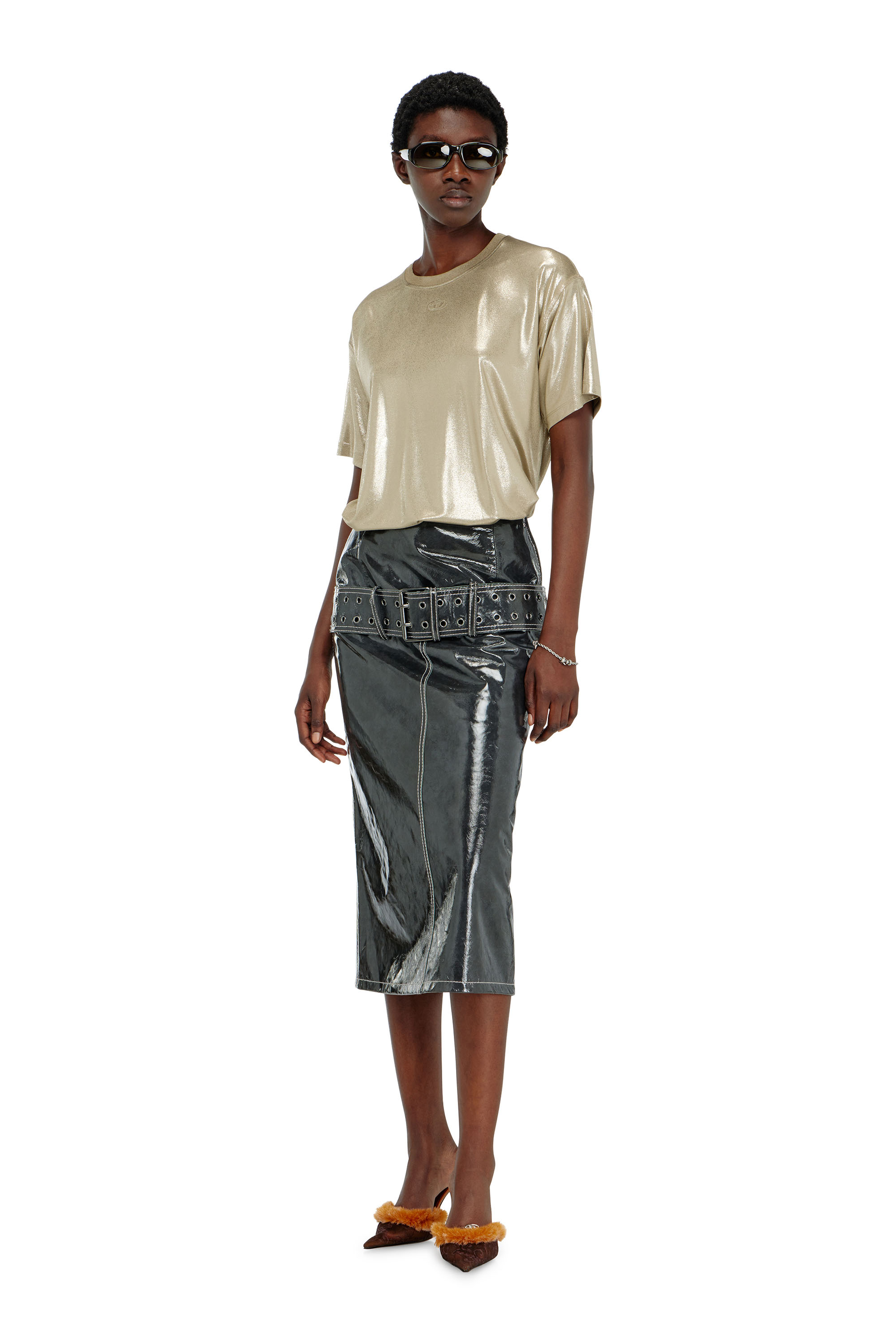 Diesel - T-NORMY-AA2, Woman's Jersey T-shirt with metallic finish in Beige - 2