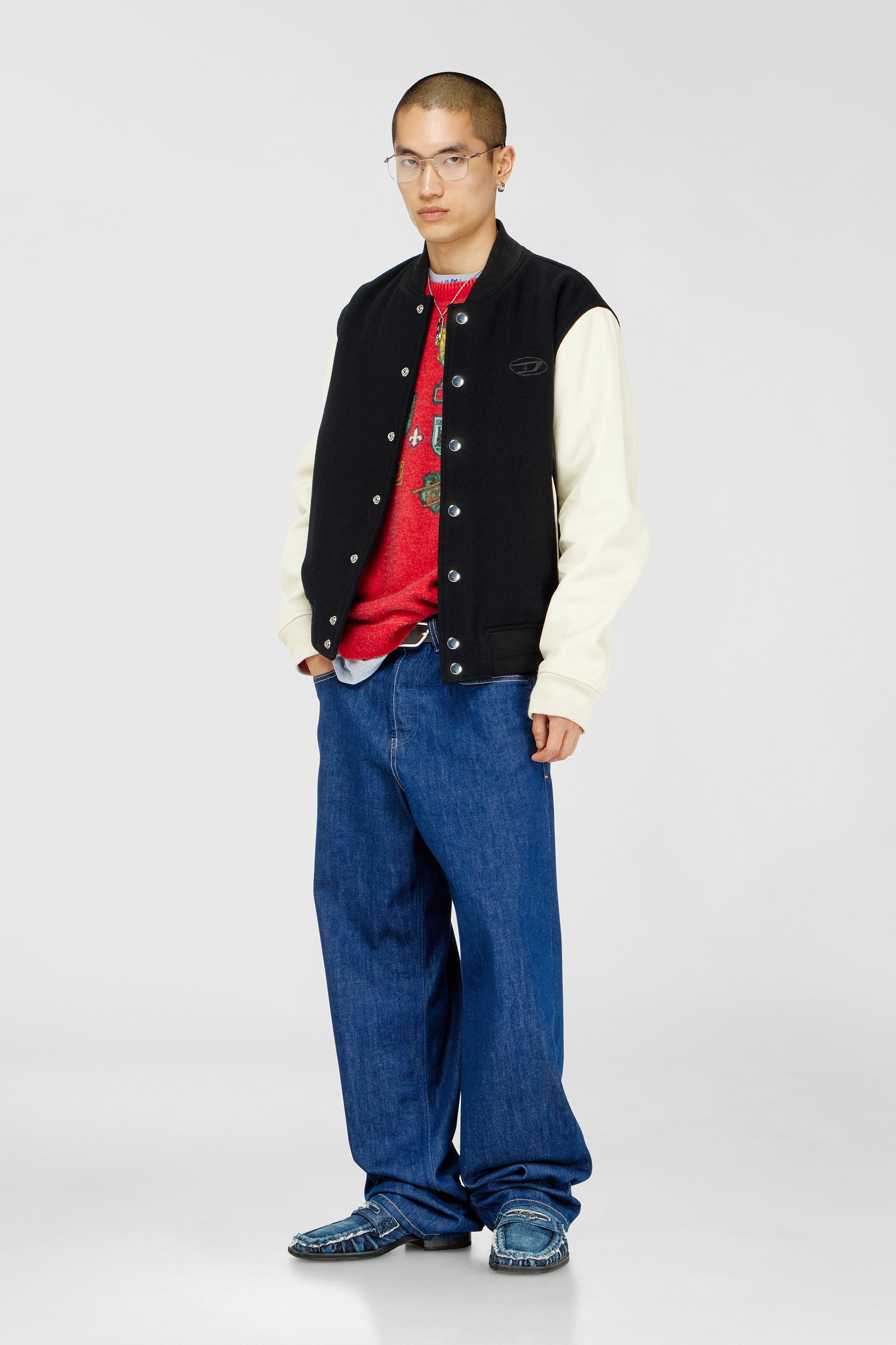 Diesel - L-ARRY-WRD, Man's Bomber jacket in wool blend and leather in Black/White - 2