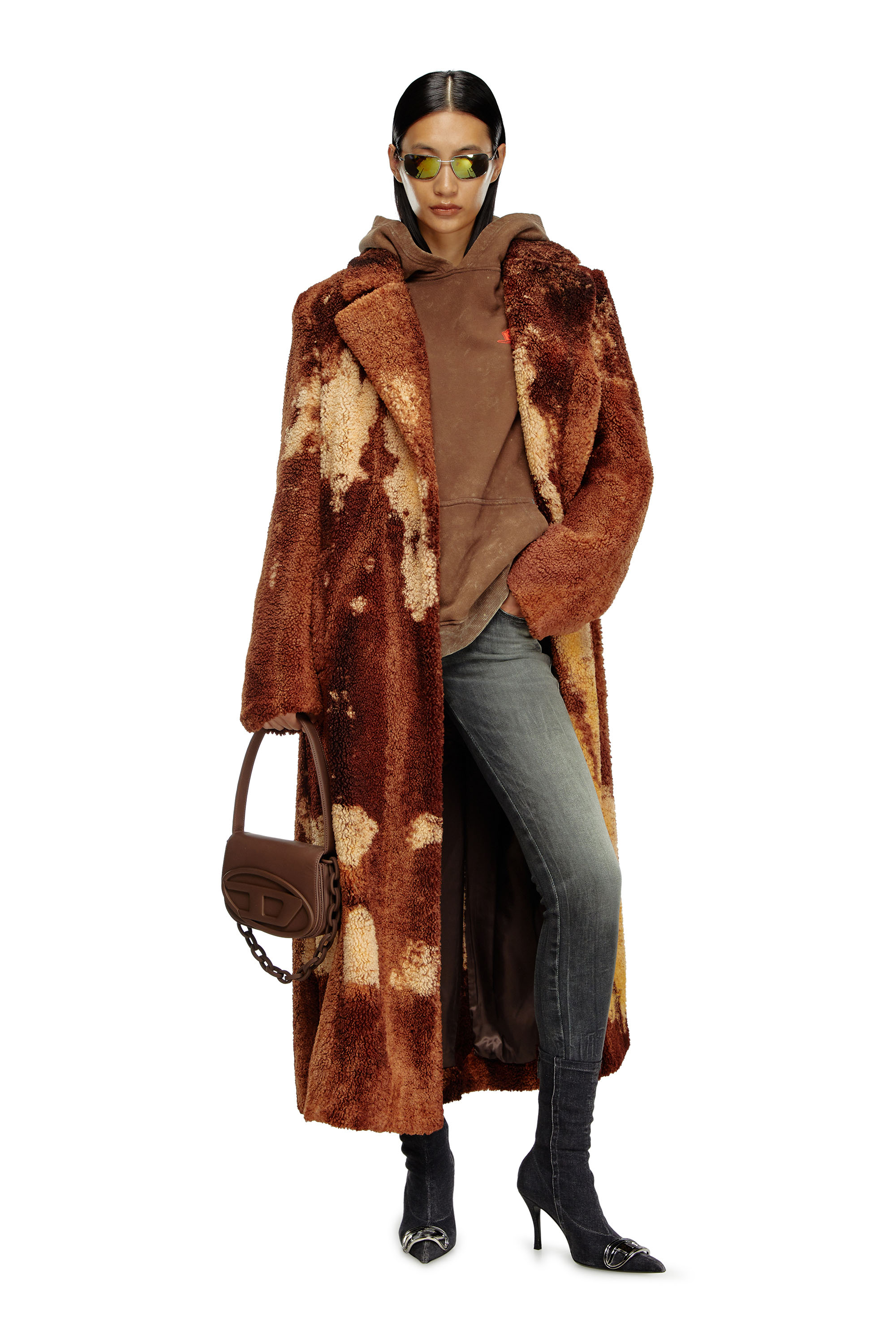 Diesel - W-ILLOW, Woman's Long coat in treated teddy fleece in Brown - 1