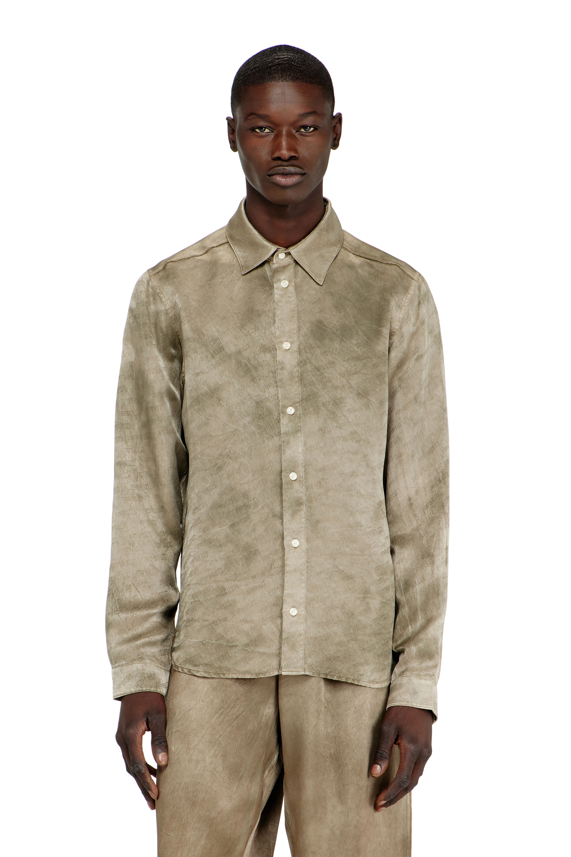 Diesel - S-KISSY-HNBW, Man's Shirt in logo-jacquard crinkled satin in Light Brown - 3