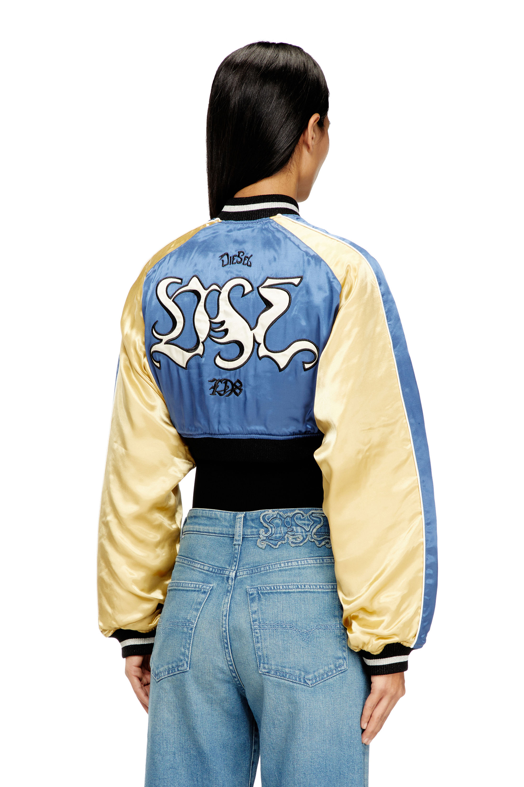Diesel - G-OSPEL-CP, Woman's Cropped satin souvenir jacket in Blue/Yellow - 4