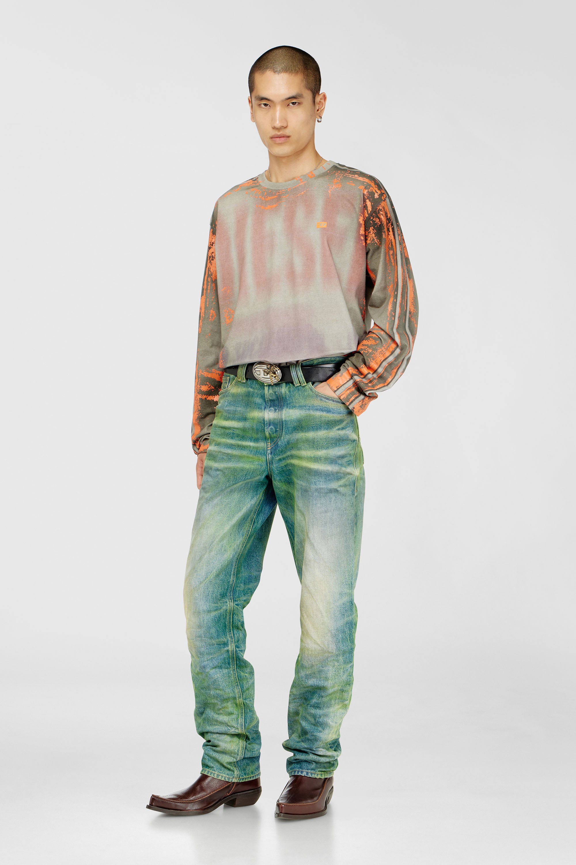 Diesel - T-FILMY, Man's Long-sleeve T-shirt in cracked jersey in Grey/Orange - 2