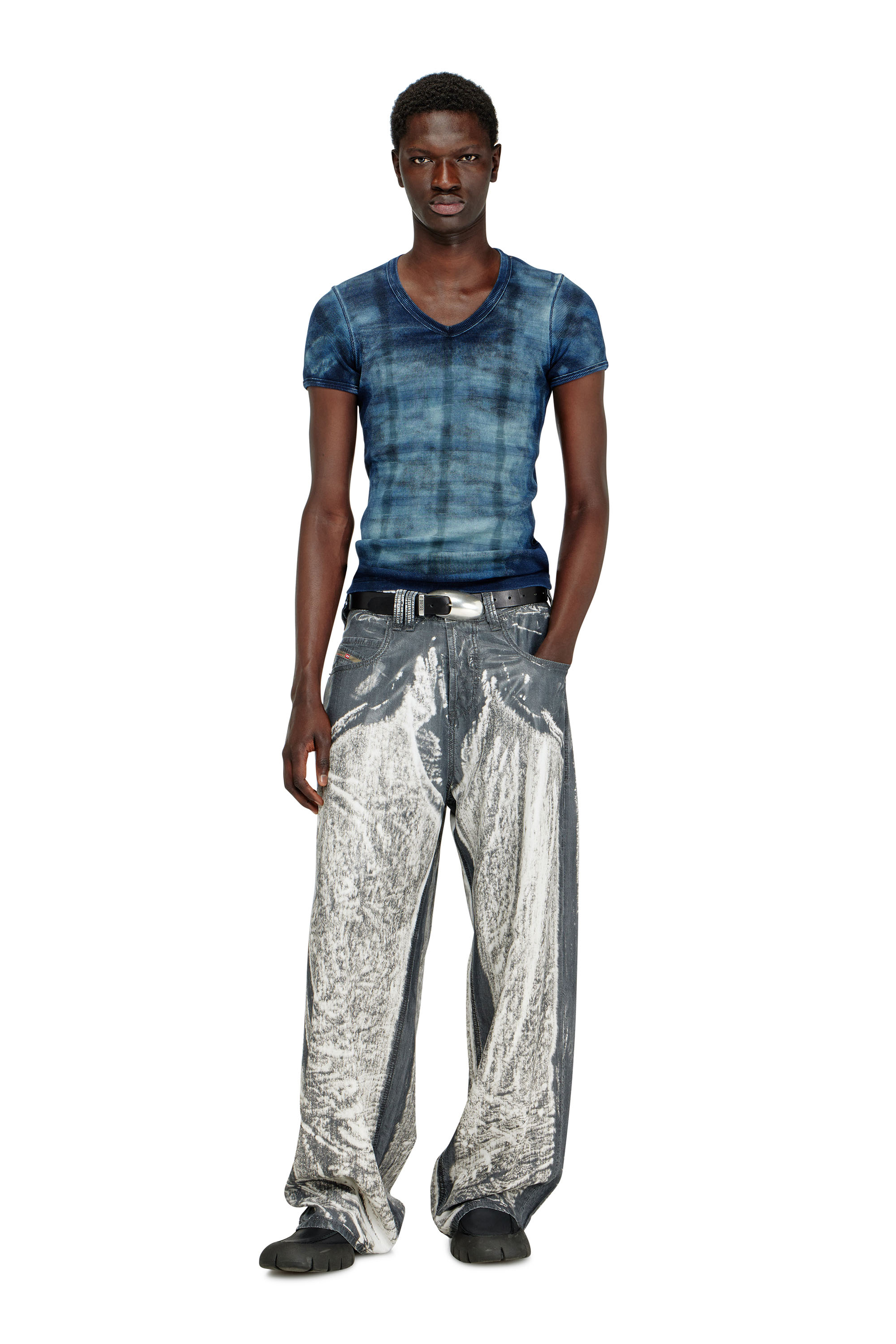 Diesel - T-LUUCAS, Man's X-ray top in check-print rib-jersey in Blue - 2