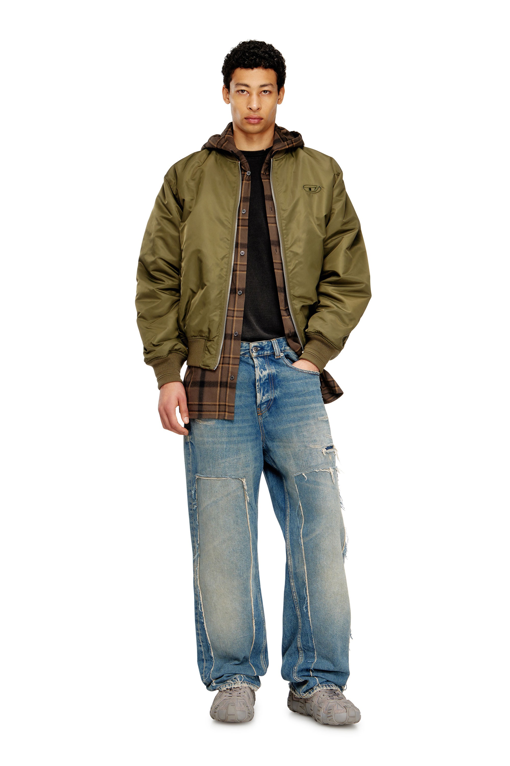 Diesel - W-TYPE-D1, Man's Padded bomber jacket with Oval D embroidery in Green/Orange - 1