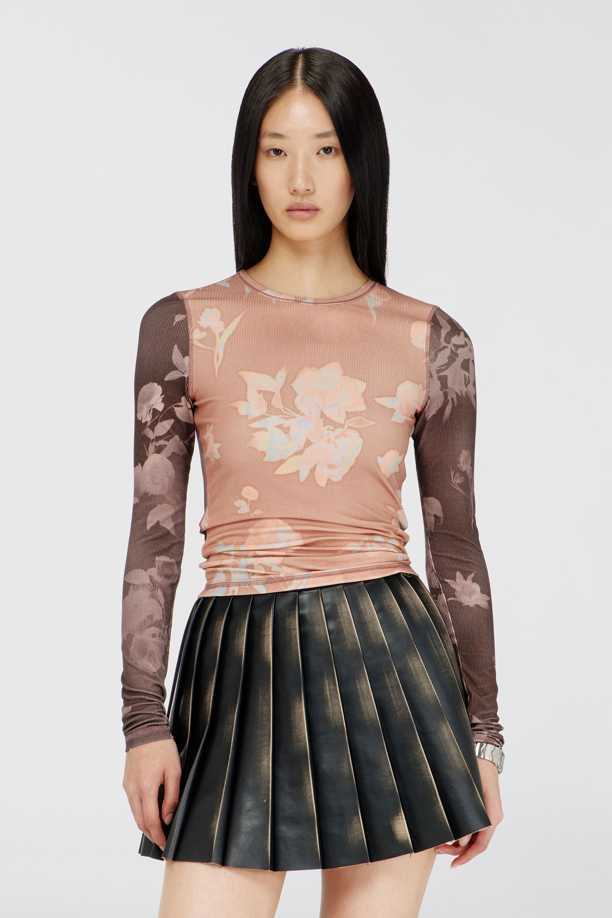 Diesel - T-MOKY-LS, Woman's Top in floral-print ribbed jersey in Pink/Brown - 1
