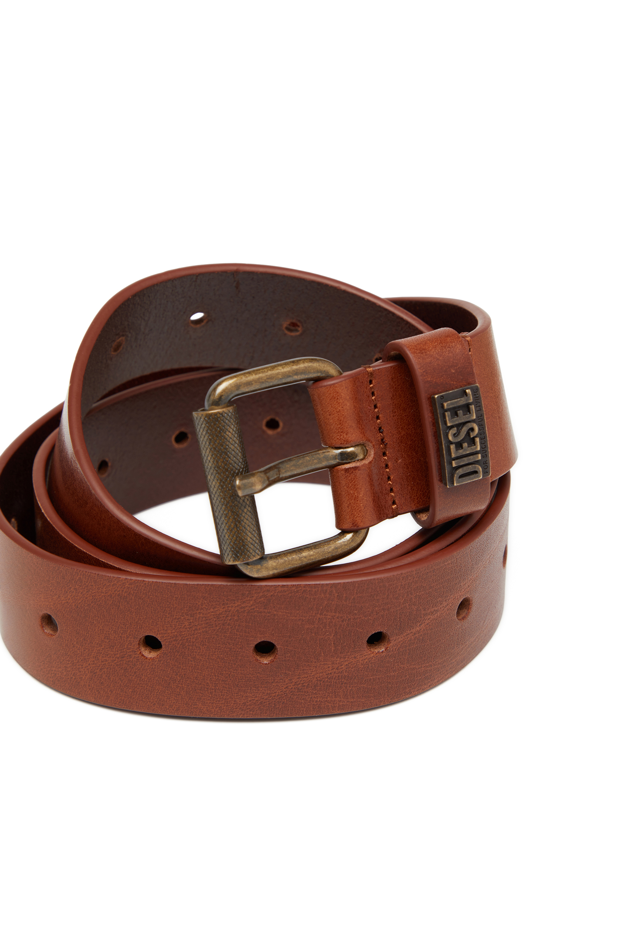 Diesel - B-BISCOTTO-LOOP II, Man's 3.5 cm leather belt with branded metal buckle in Brown - 3