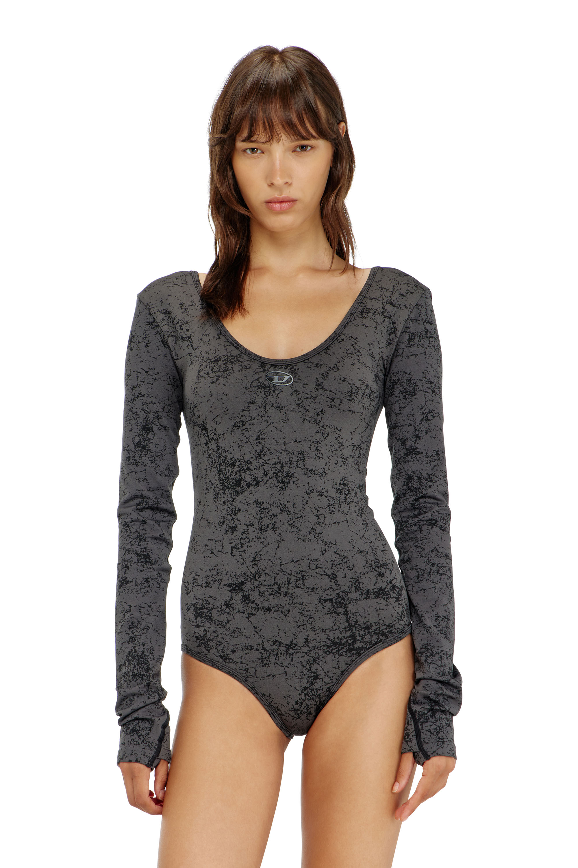 Diesel - IONNA-UTLT, Woman's Open-back bodysuit with utilitarian print in Black - 1