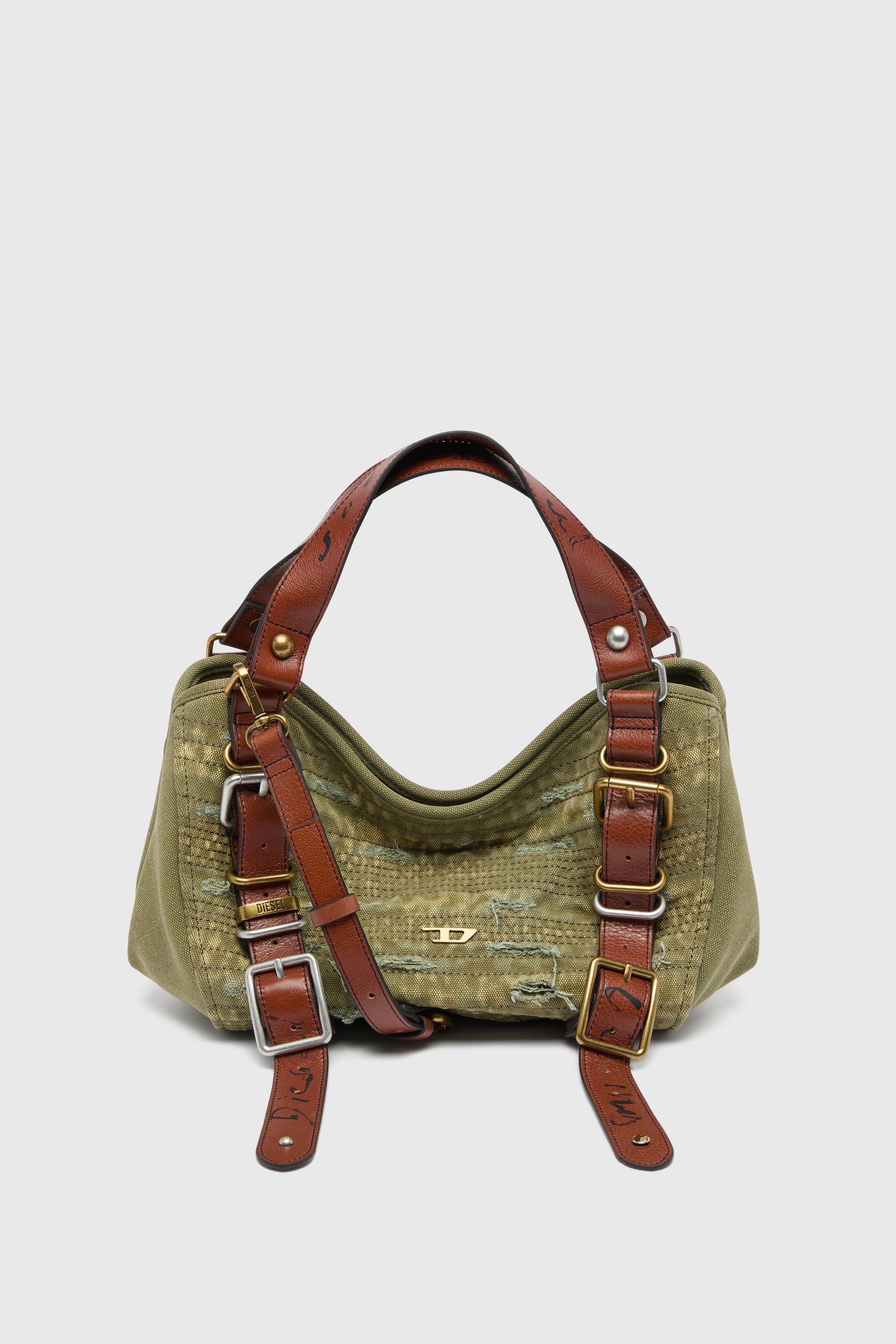 Diesel - D-ONE TOPHANDLE S, Woman's D-One-Small top-handle bag in distressed canvas and leather in Green - 1