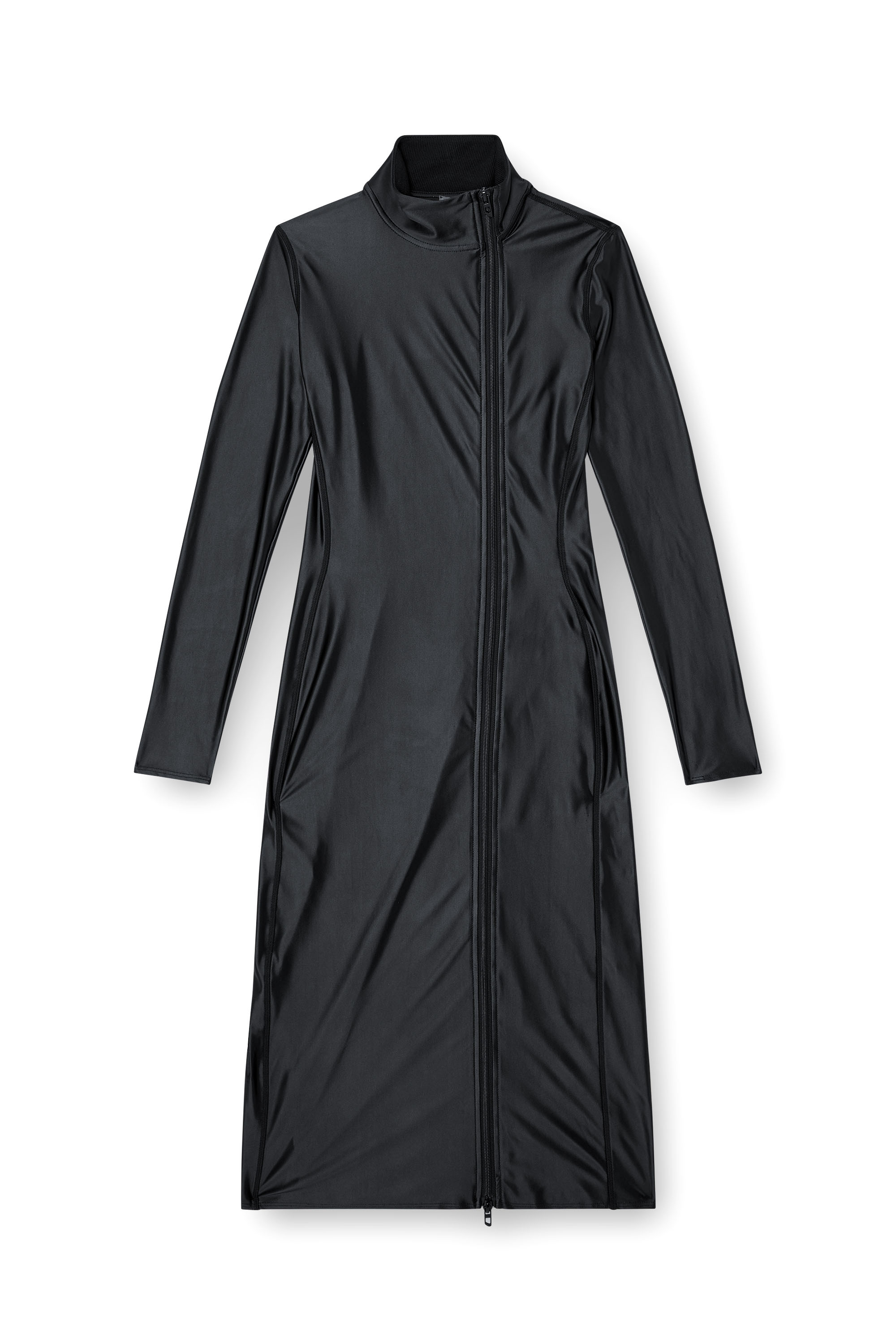 Diesel - D-SILVER, Woman's Mock collar long-sleeve midi dress with chintz finish in Black - 3