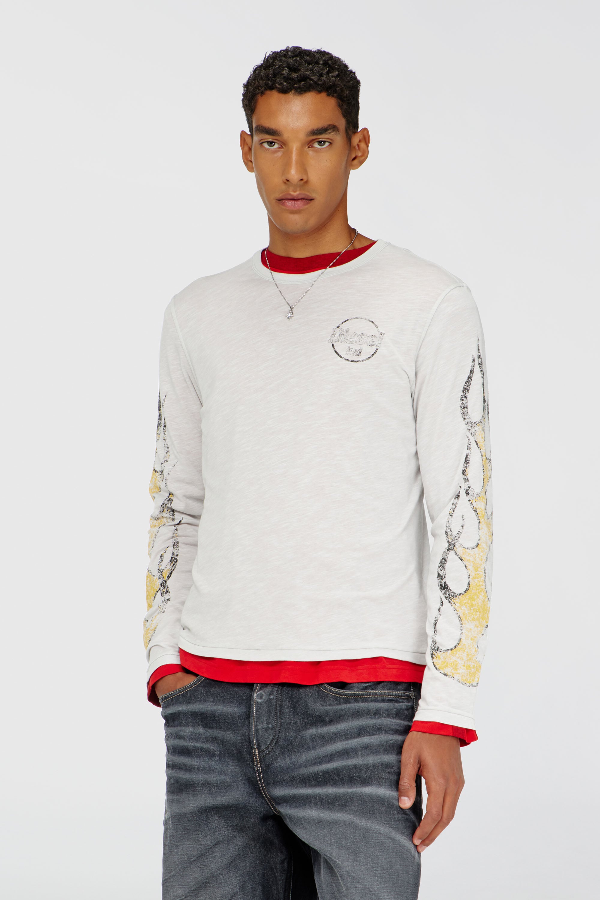 Diesel - T-NOTS-LS, Man's Long-sleeve T-shirt in slub jersey with crack print in White - 1