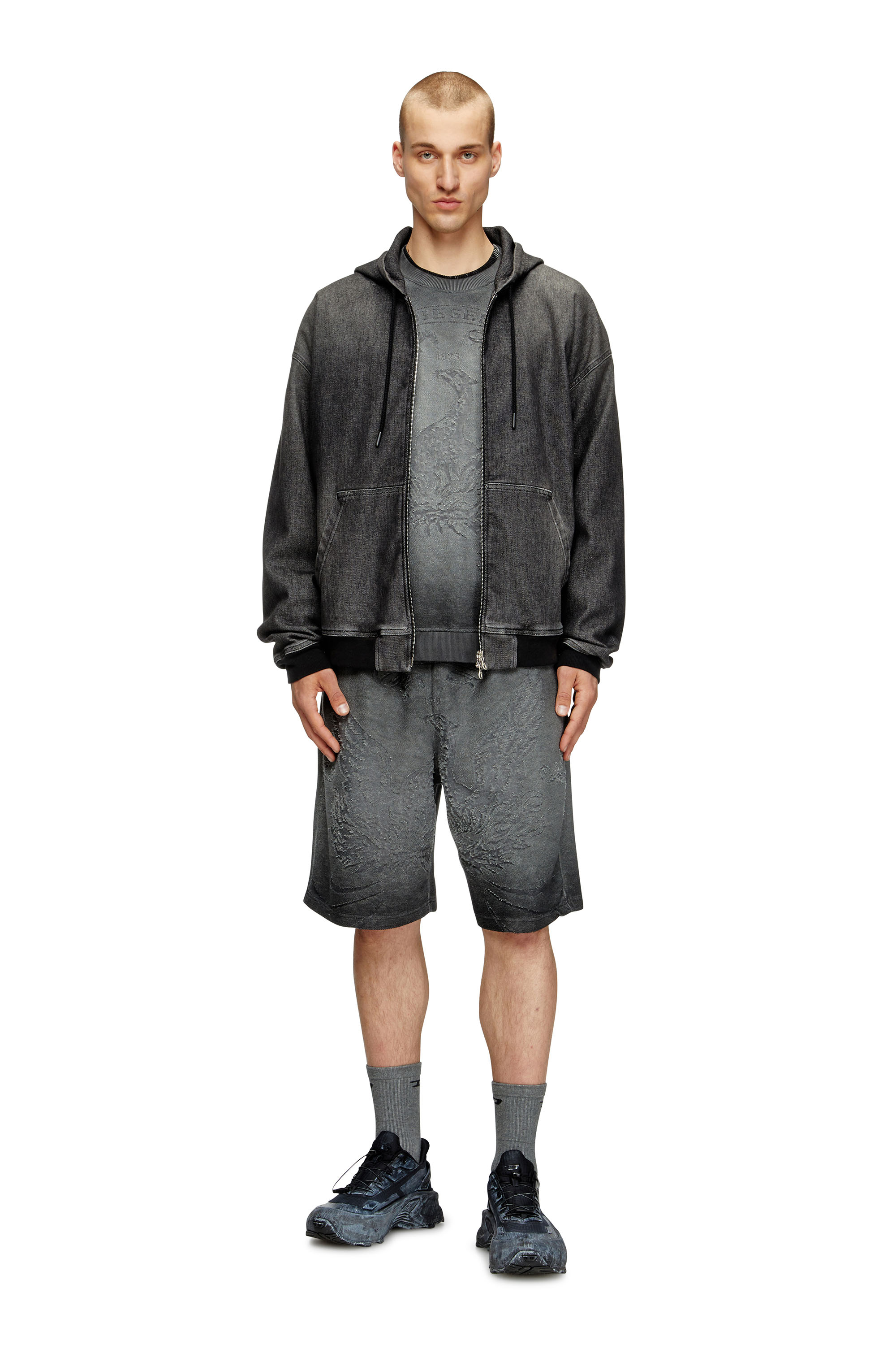 Diesel - P-CROWDE, Man's Sweat shorts with phoenix devoré in Dark grey - 2