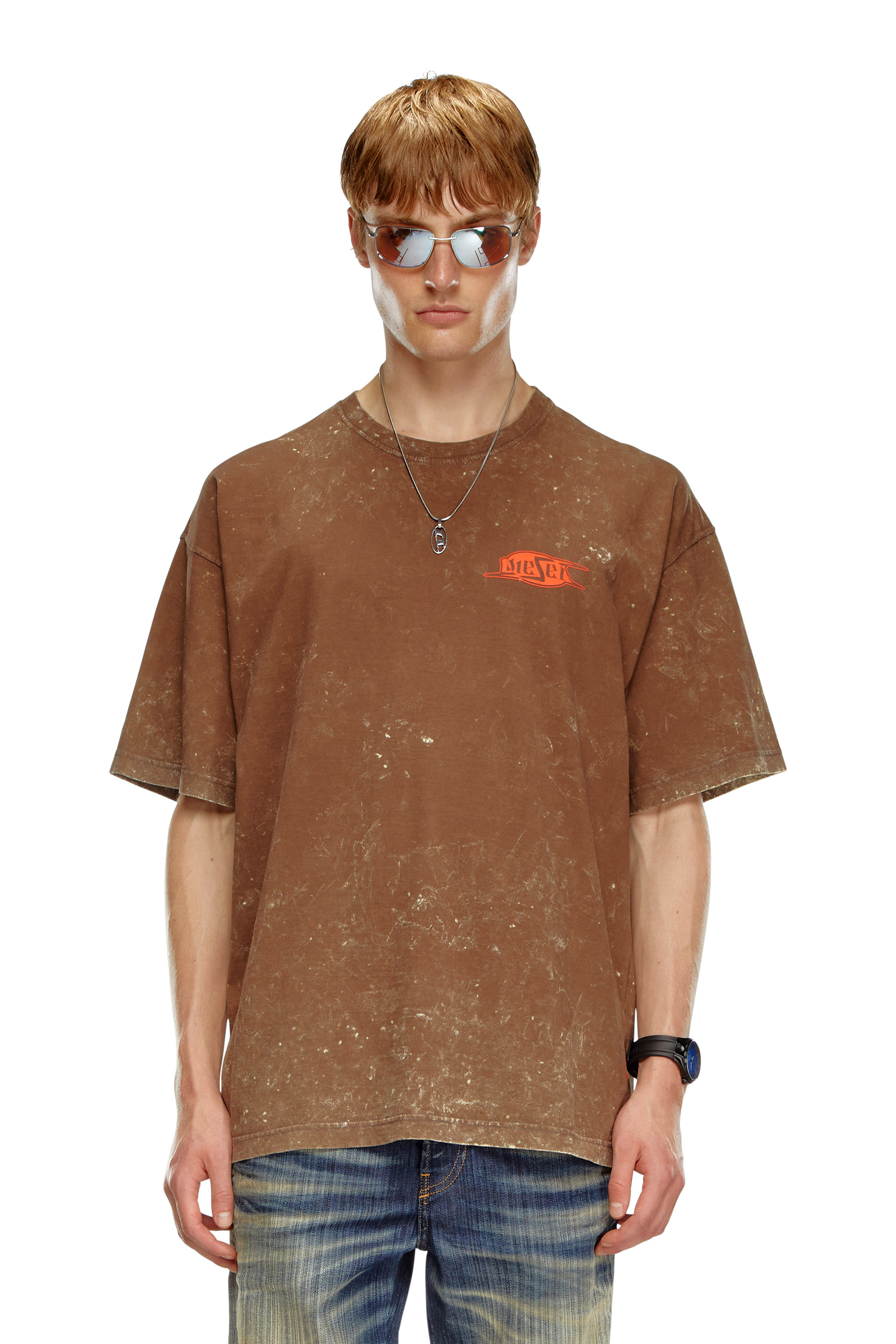 Diesel - T-BOXT-Q8, Man's Marbled T-shirt with puff print logo in Brown - 1