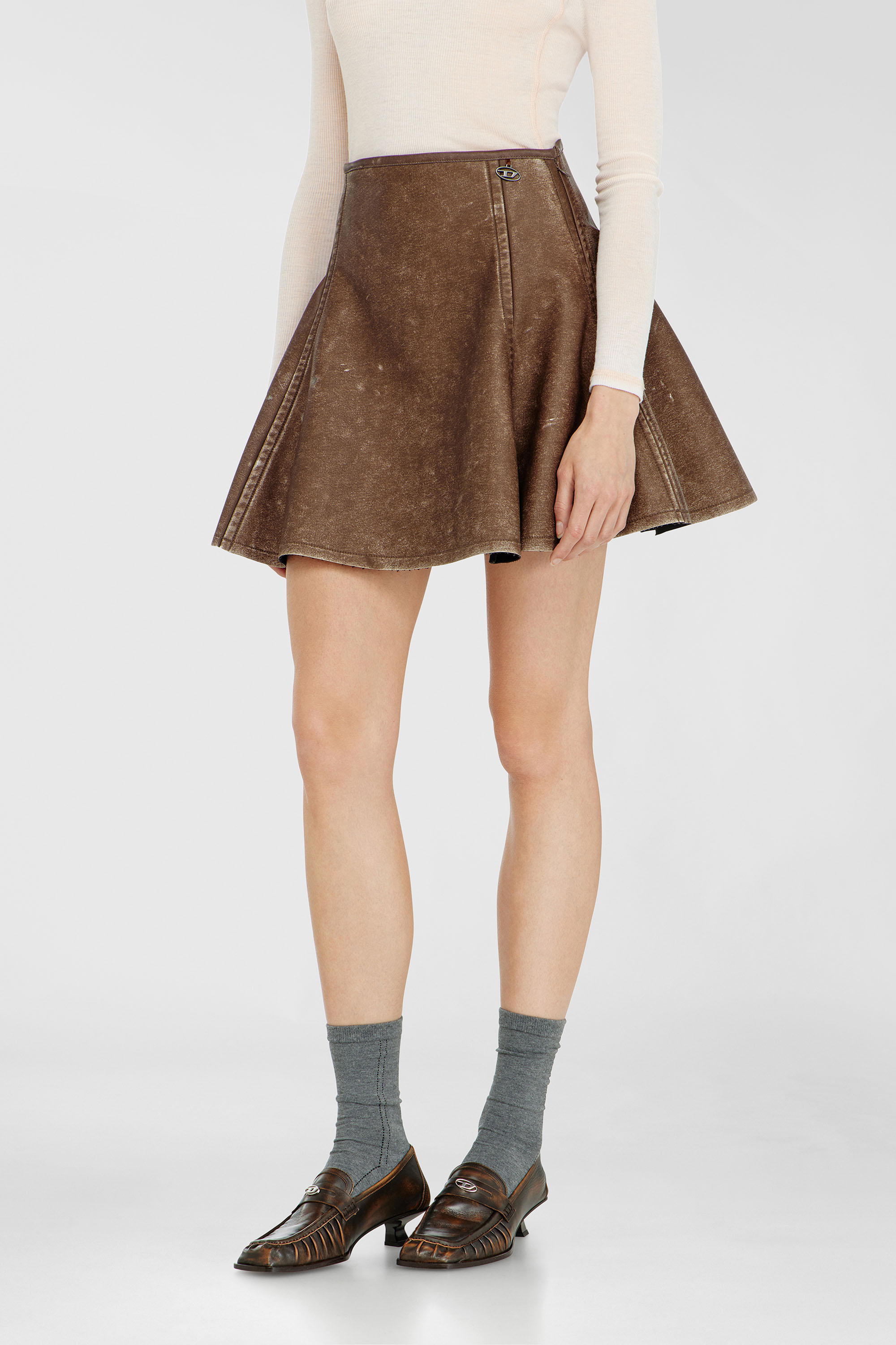 Diesel - O-ERINA, Woman's Flared miniskirt in bonded material in Brown - 1