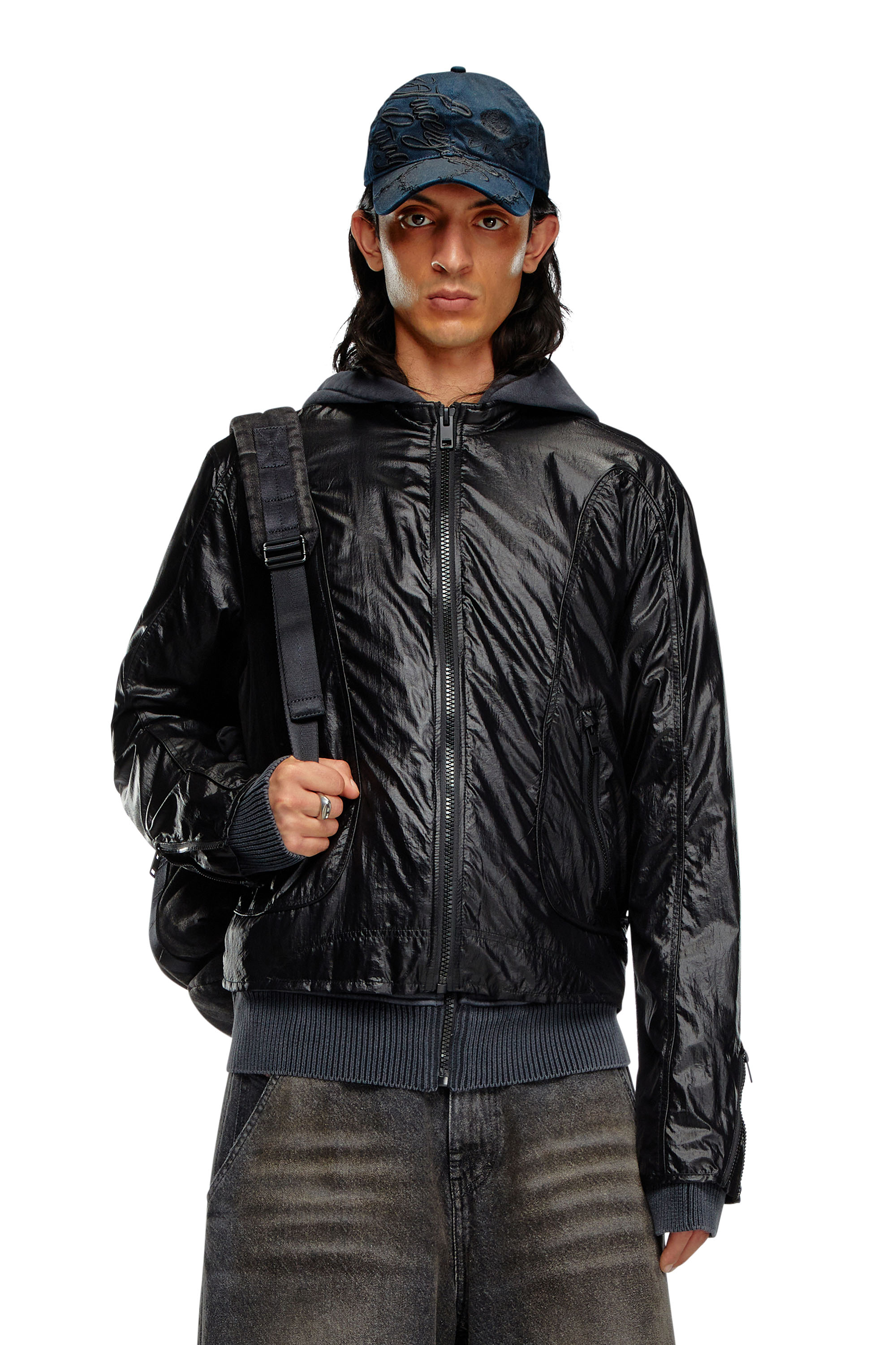 Diesel - J-CLAYS, Man's Biker jacket in shiny ripstop in Black - 1