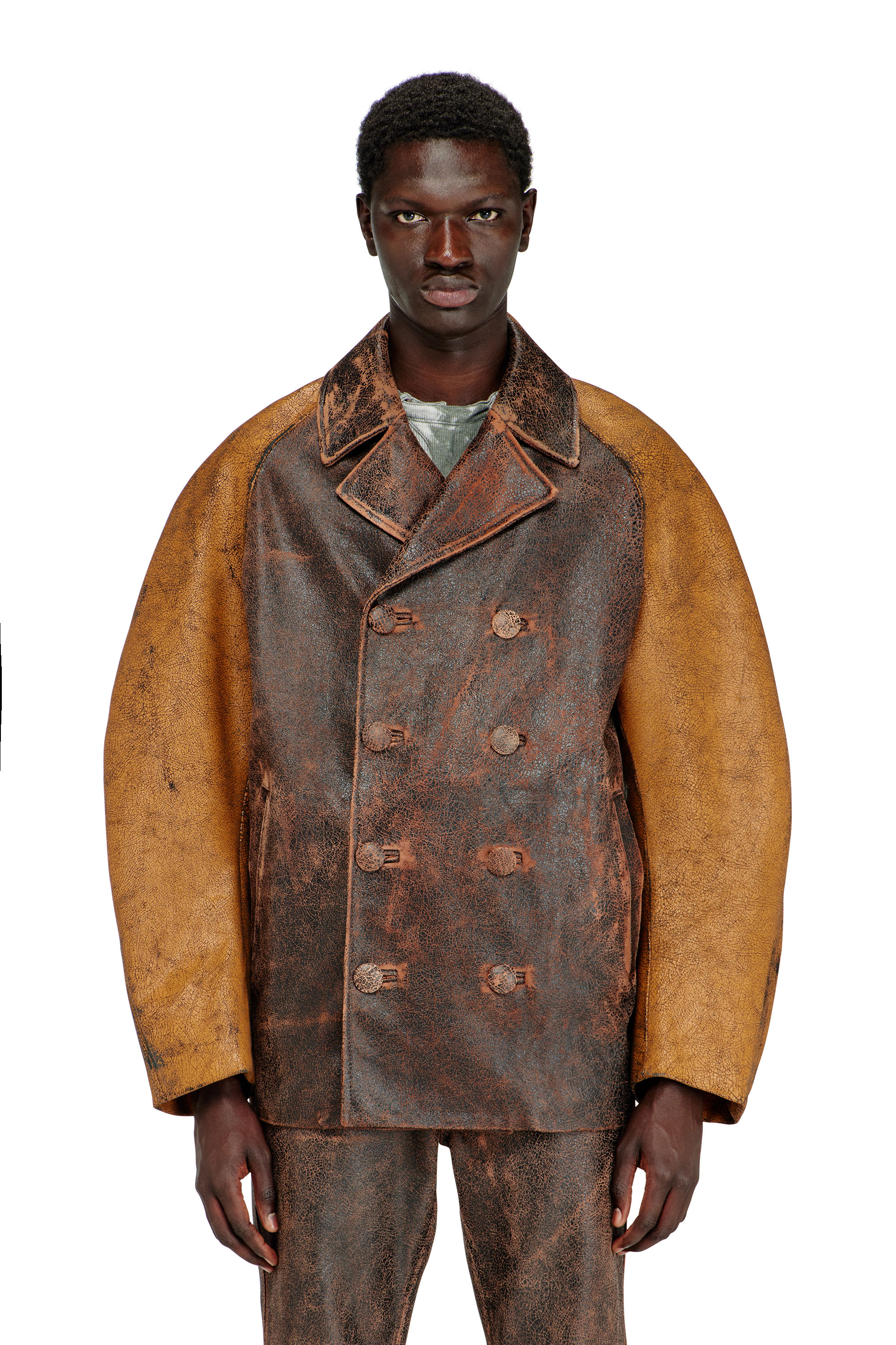 Diesel - L-NAHUN, Man's Cocoon peacoat in crackle leather in Brown - 1