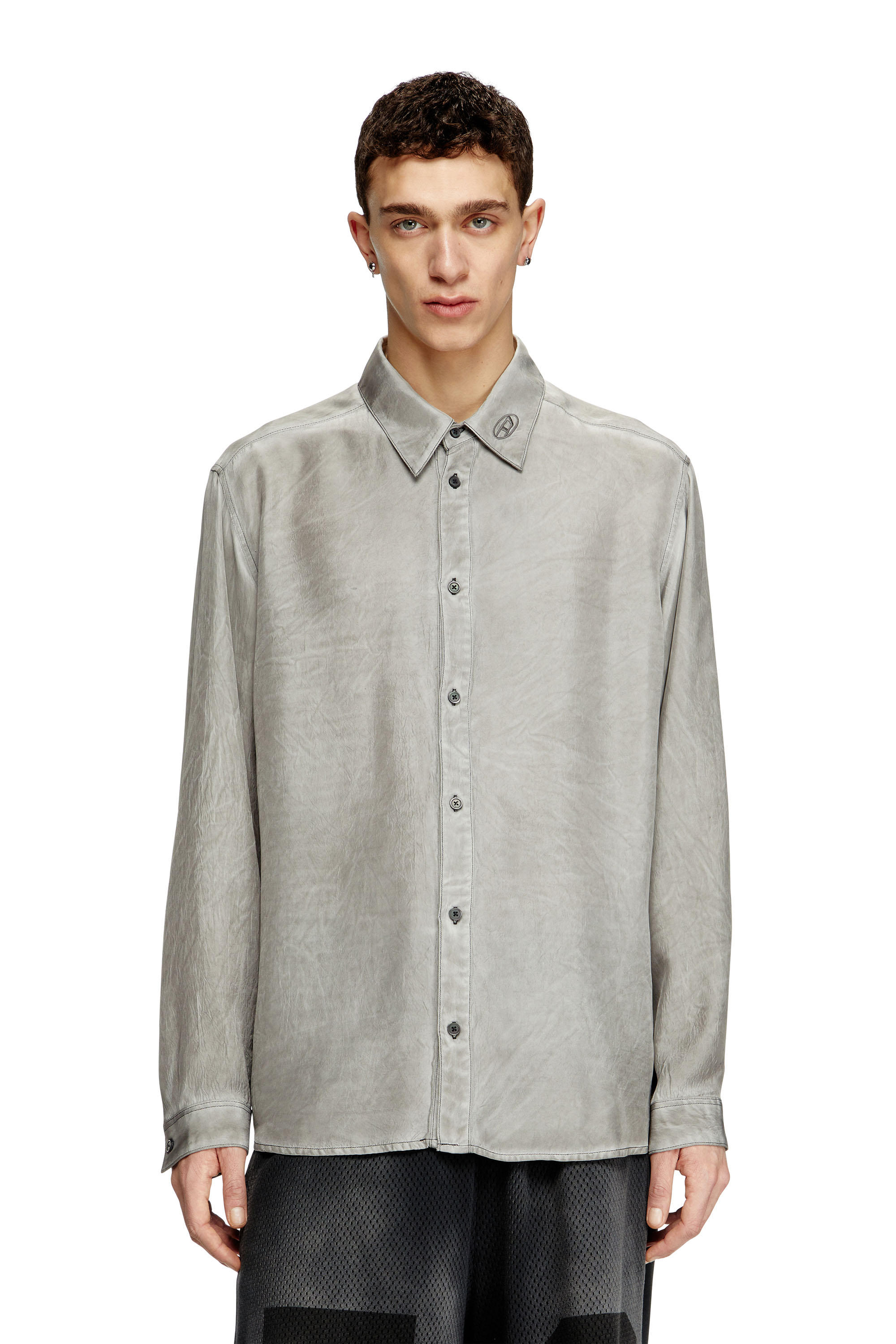 Diesel - S-LEON, Unisex's Fluid crinkled shirt with logo collar in Grey - 1