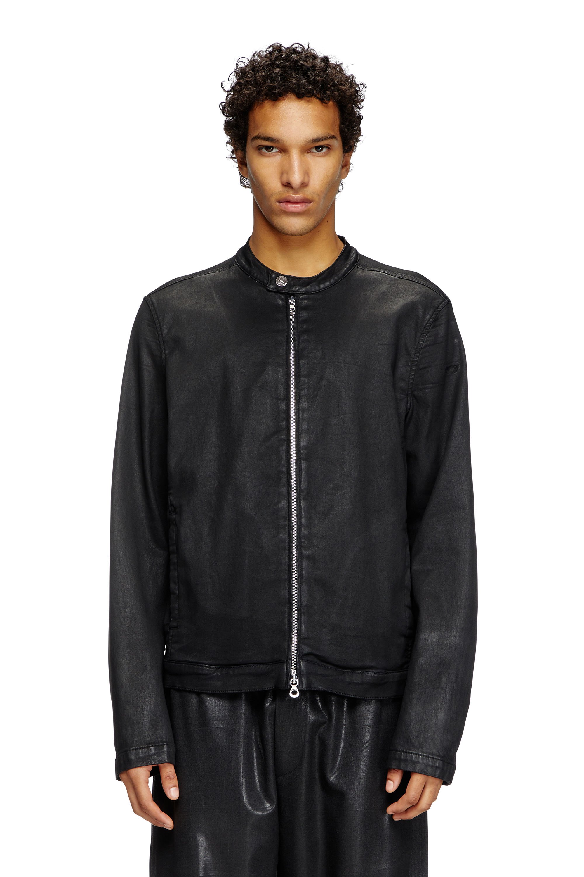 Diesel - D-GLORY JOGG, Man's Moto jacket in coated JoggJeans in Black - 1