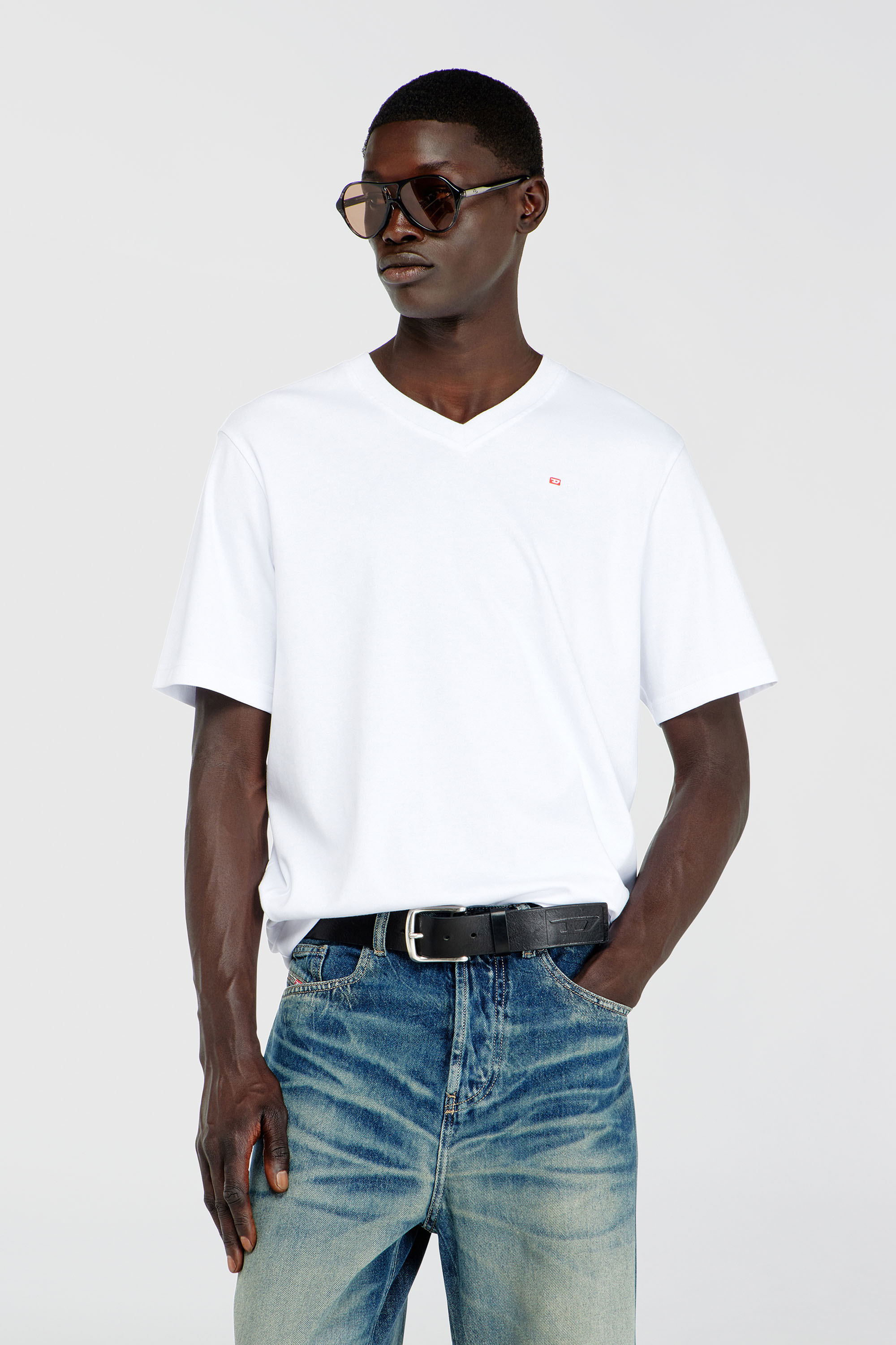 Diesel - T-ADJUST-V-MICRODIV, Man's V-neck T-shirt with micro logo embroidery in White/Red - 3