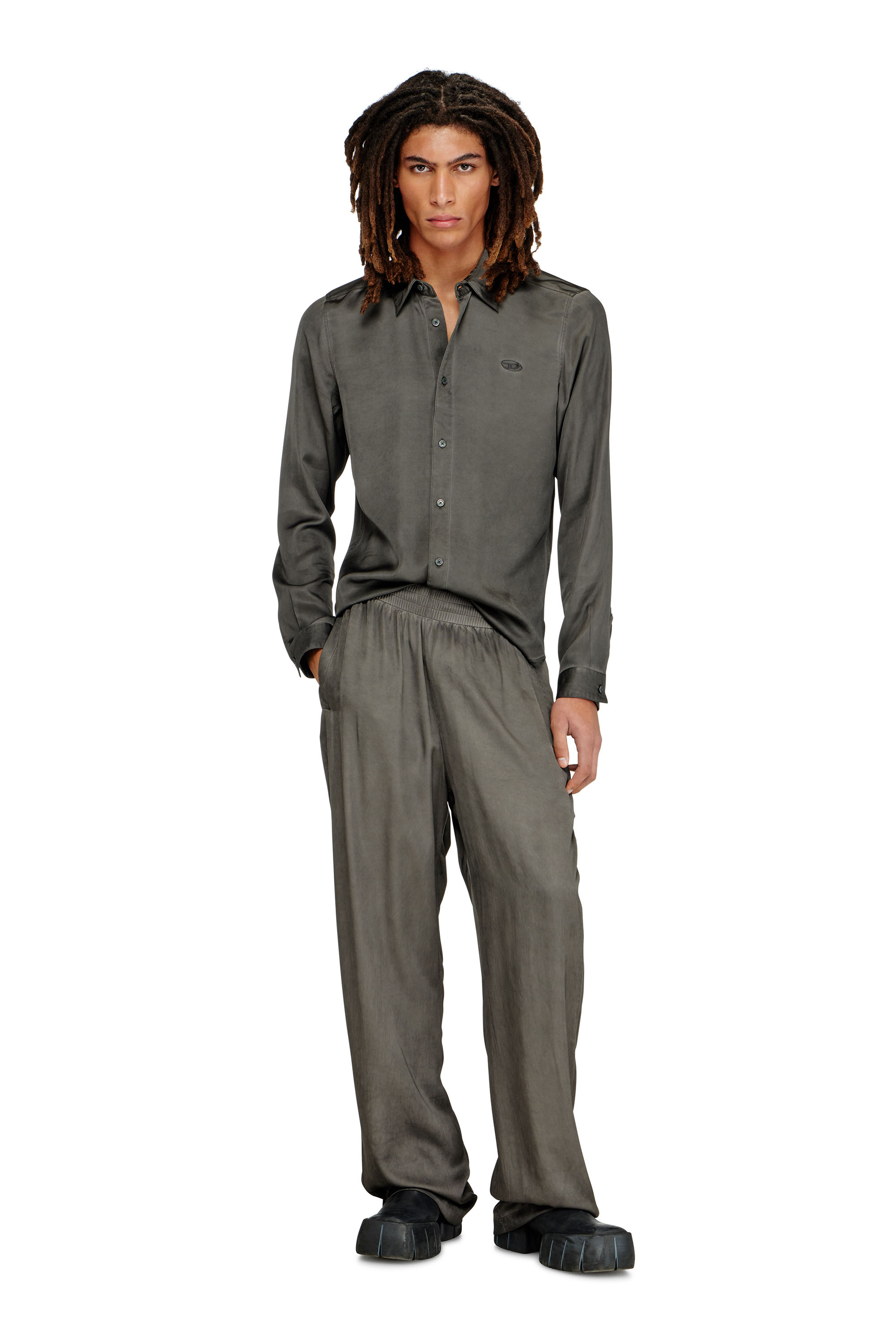 Diesel - S-KINNY-ALBG, Man's Shirt in treated fluid viscose in Dark grey - 2