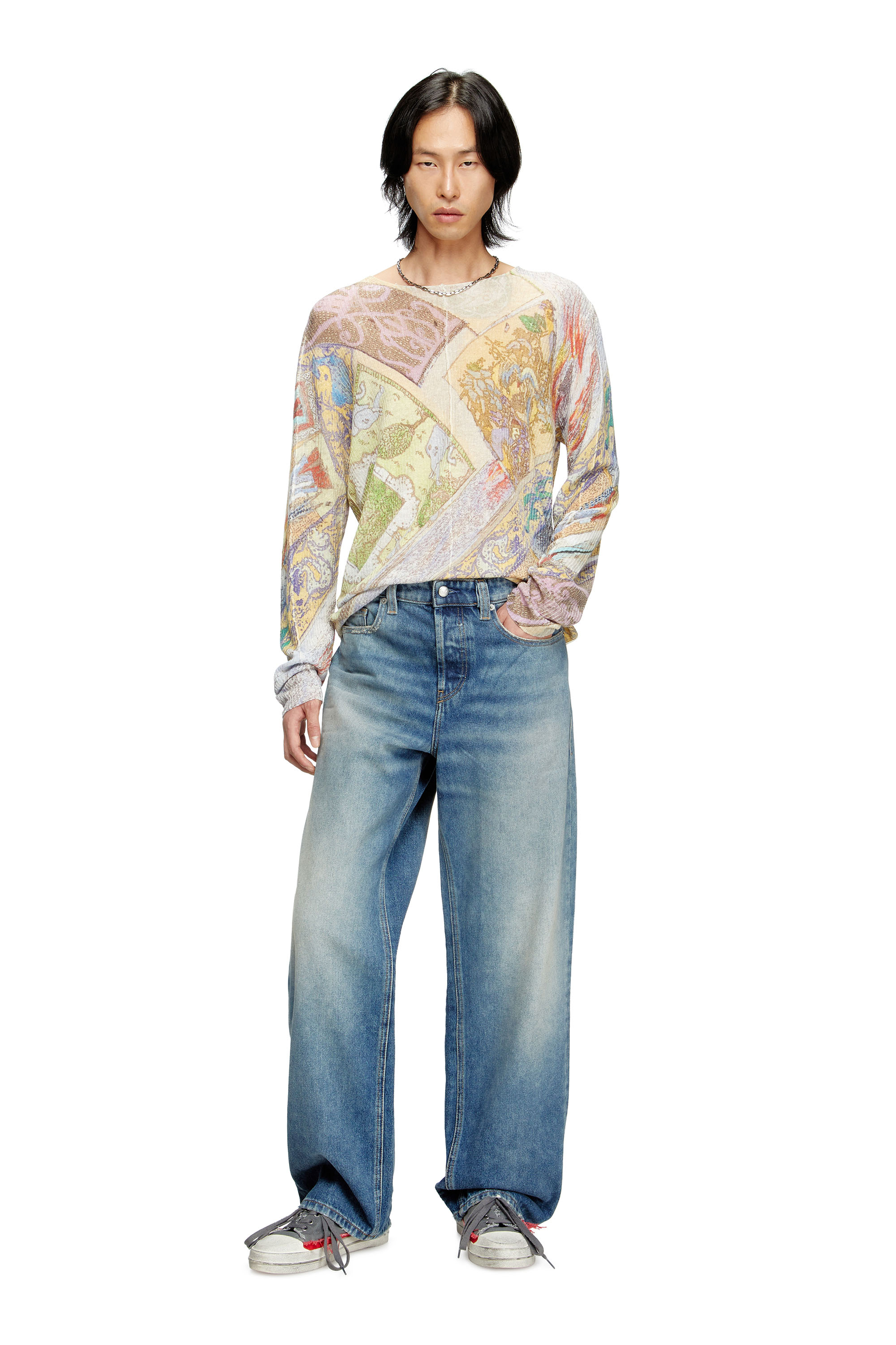 Diesel - K-RENTON, Man's Linen jumper with medieval print in Beige/Yellow - 2