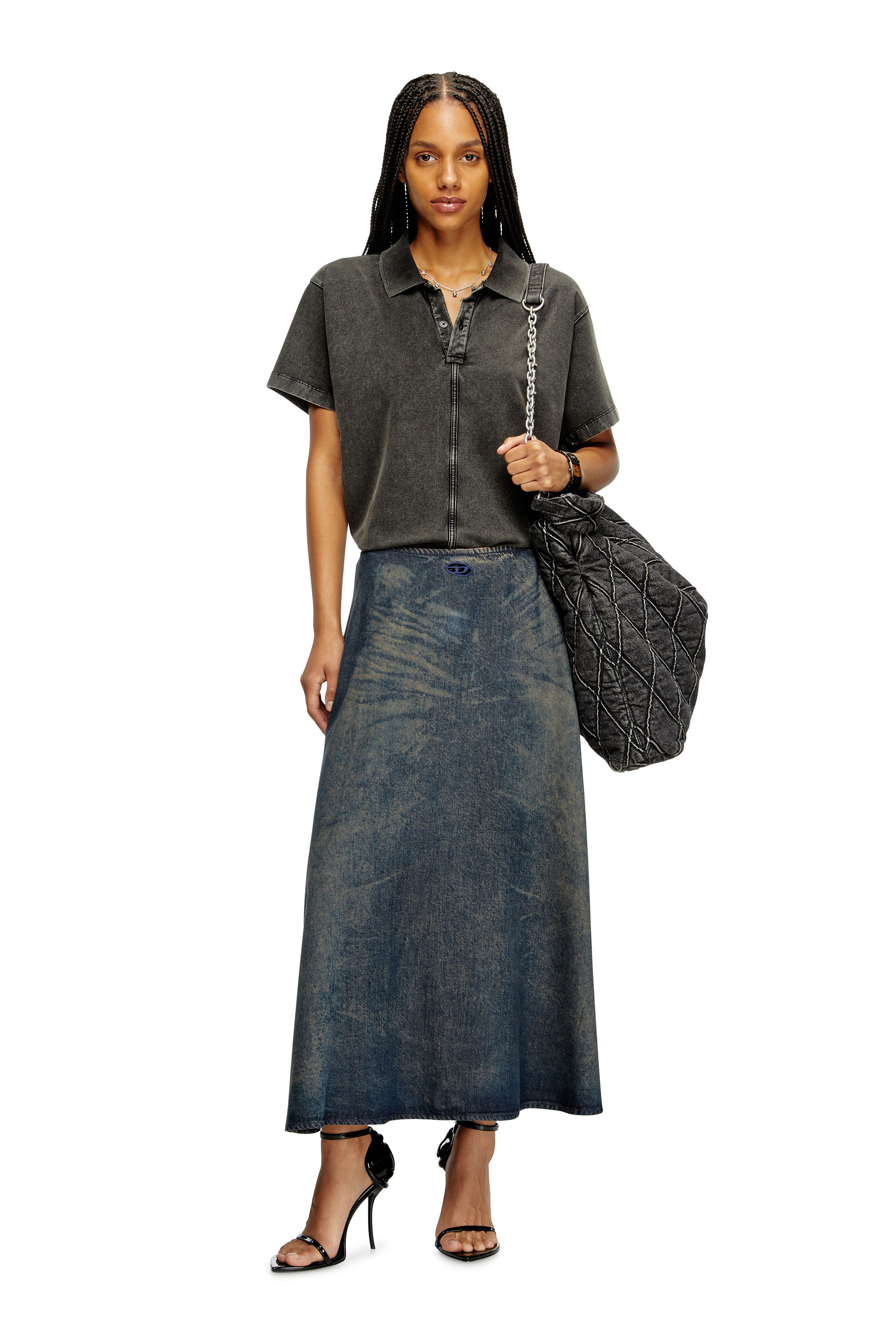 Diesel - DE-ANNIE-S, Woman's Full skirt in fluid dirt-effect denim in Blue - 1