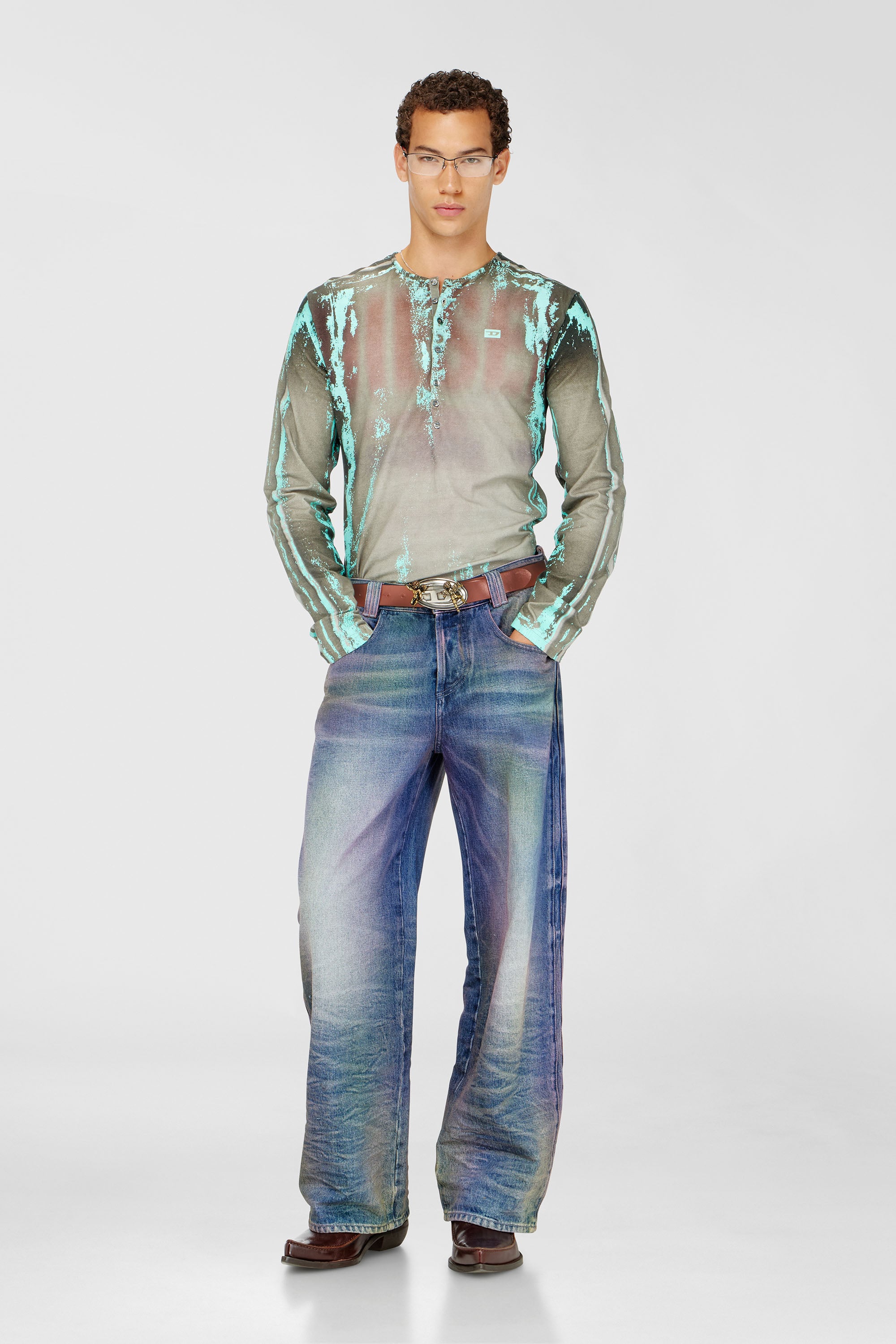 Diesel - T-FYNO-ML, Man's Grandad T-shirt in cracked leather-effect jersey in Grey/Blue - 2