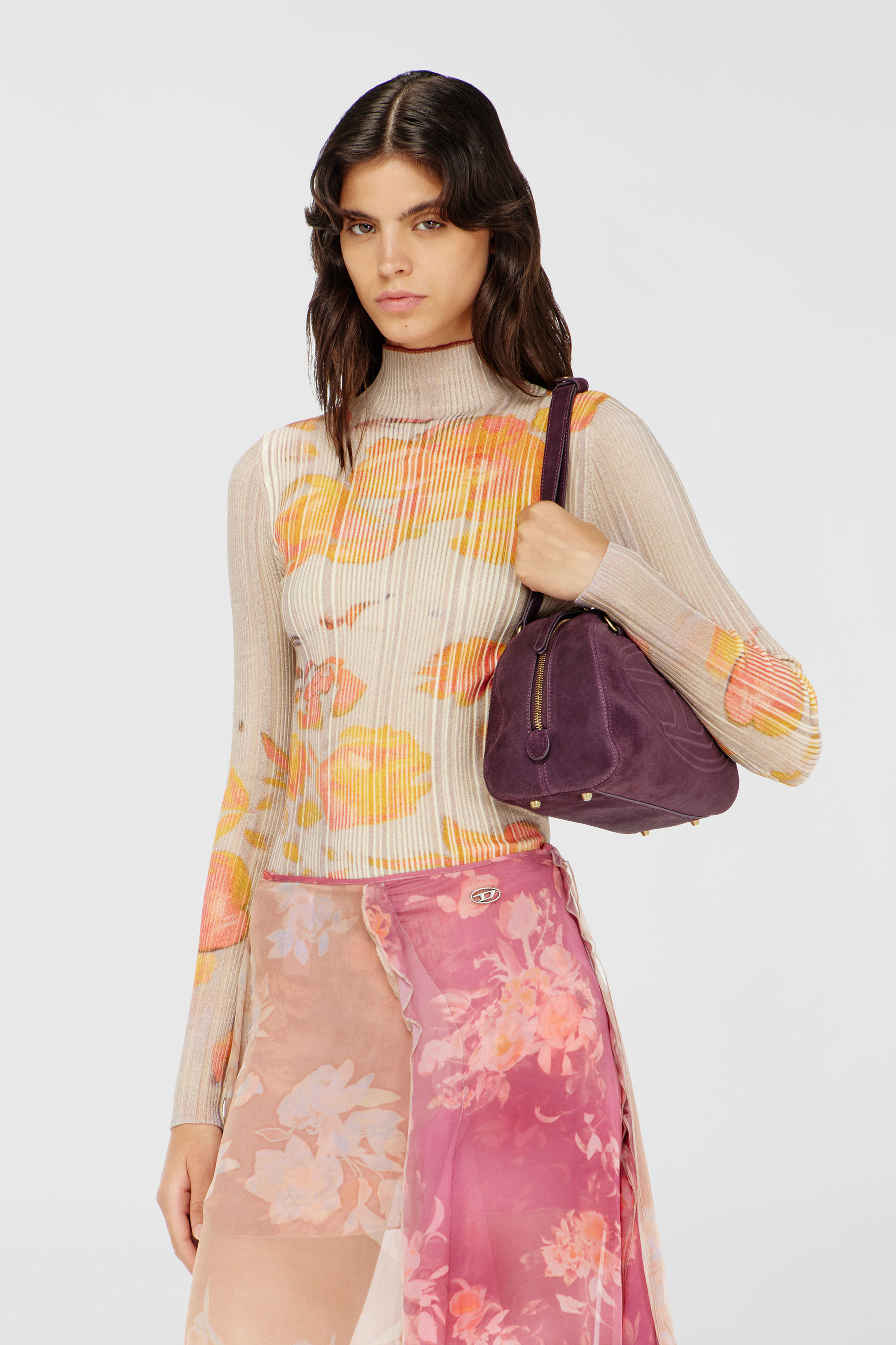 Diesel - M-IORIA, Woman's Ribbed wool turtleneck top with floral print in Yellow/Beige - 2