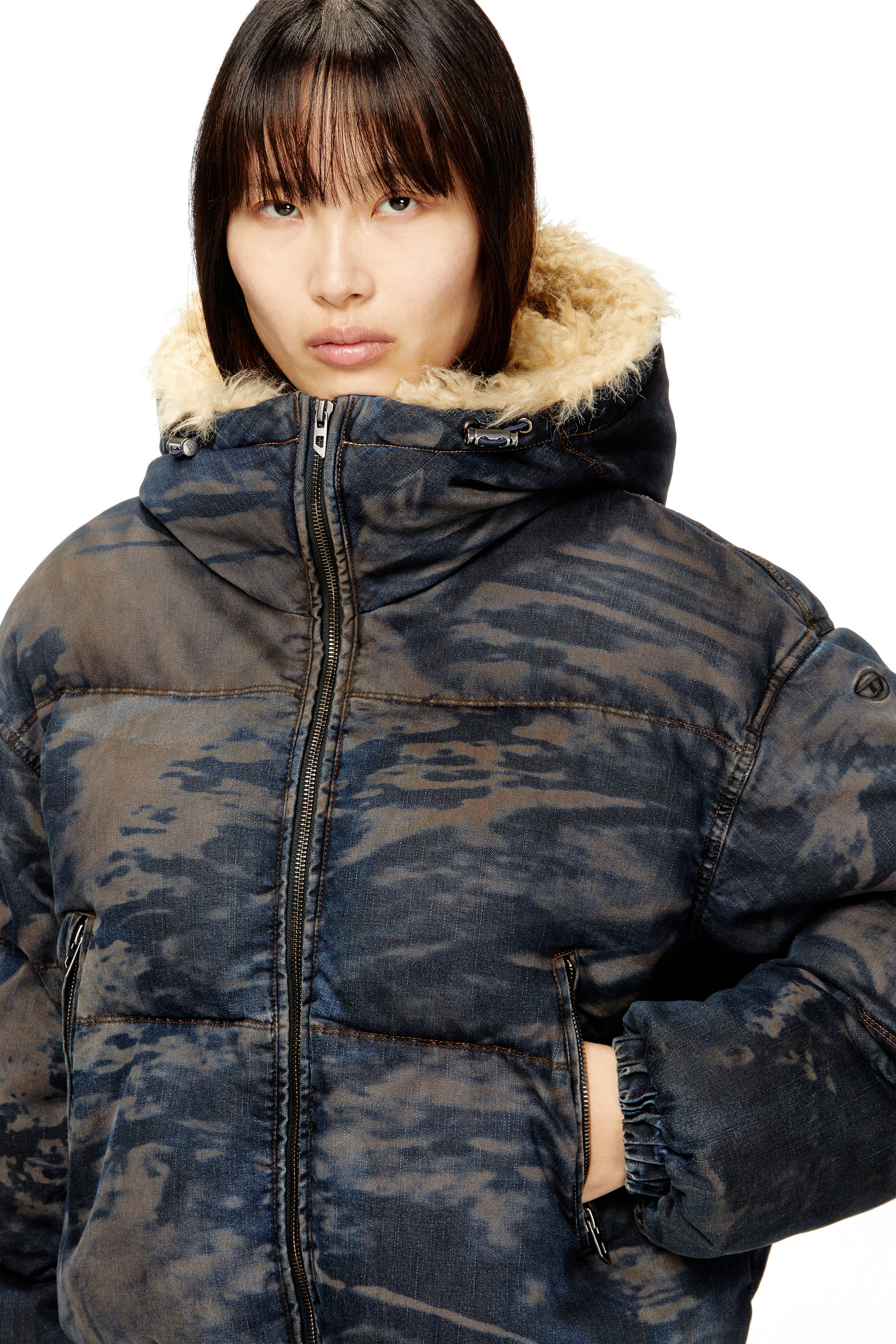 Diesel - W-AVES-FUR, Woman's Hooded puffer jacket in dirt-effect camo denim in Black/Brown - 5