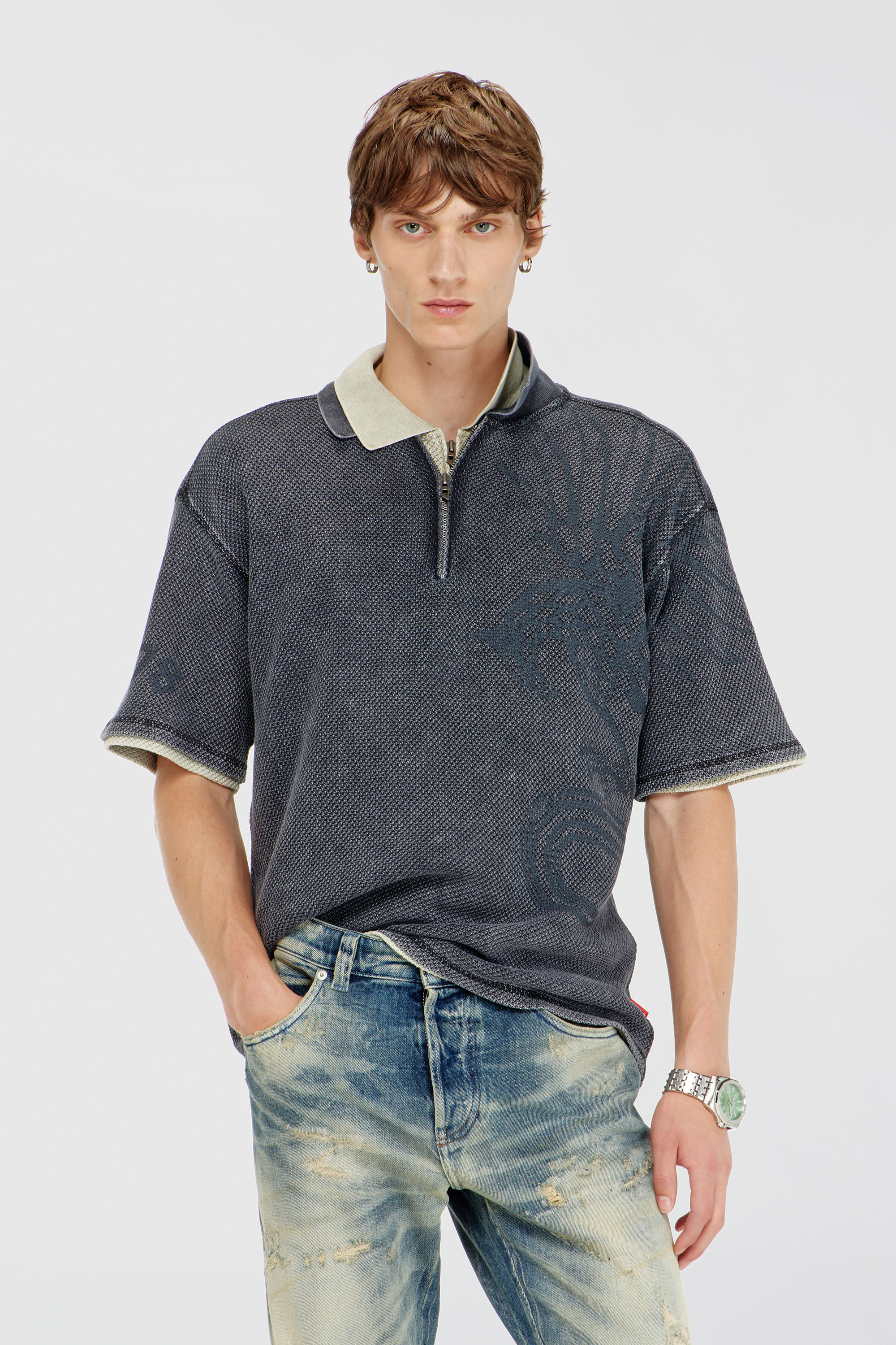 Diesel - T-ERRY-ZIP, Man's Mesh-jacquard polo shirt with Phoenix print in Dark grey - 1