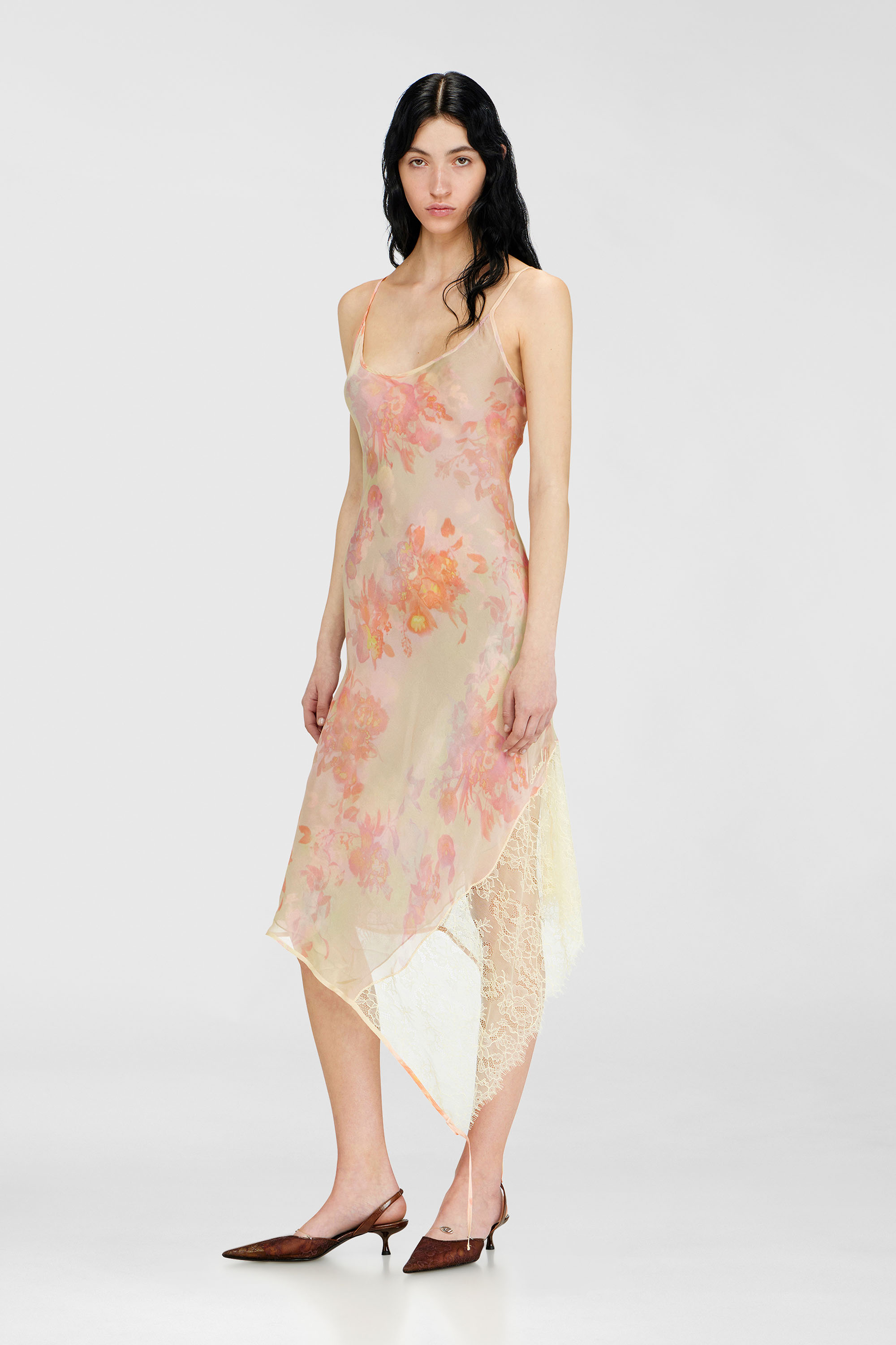 Diesel - D-ANCEL, Woman's Midi slip dress with floral print and lace trim in Pink/Yellow - 1