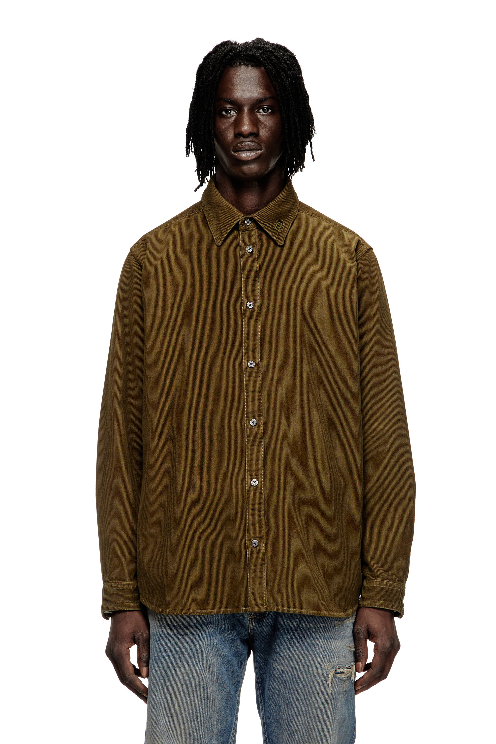 Diesel - S-SIMPLY-AJFQ, Man's Cotton shirt with embroidery on the collar in Green - 3