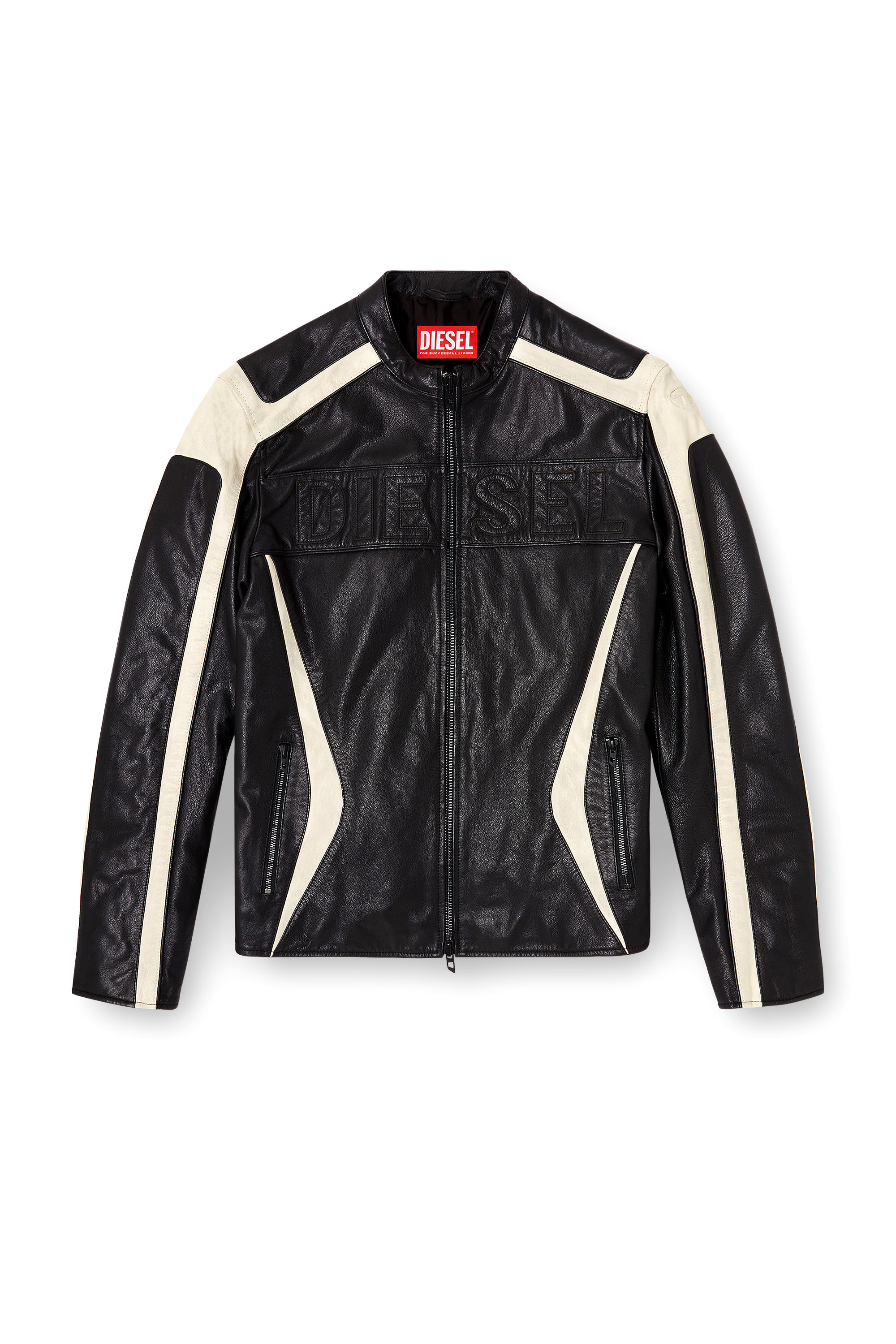 Diesel - L-ADAM, Man's Colour-block leather biker jacket in Black/White - 2