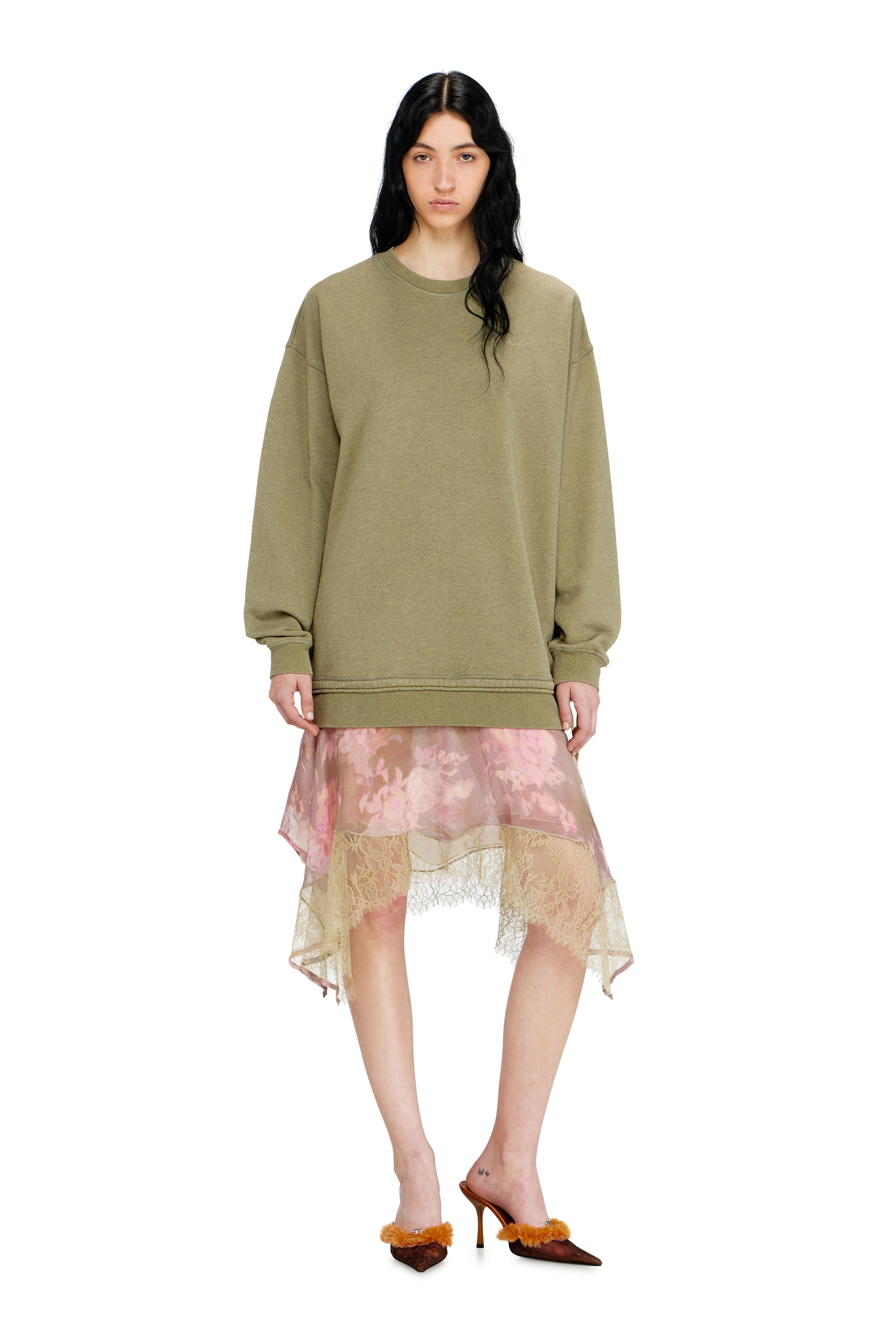 Diesel - D-ORELY, Woman's Sweatshirt dress with chiffon and lace skirt in Pink/Green - 2