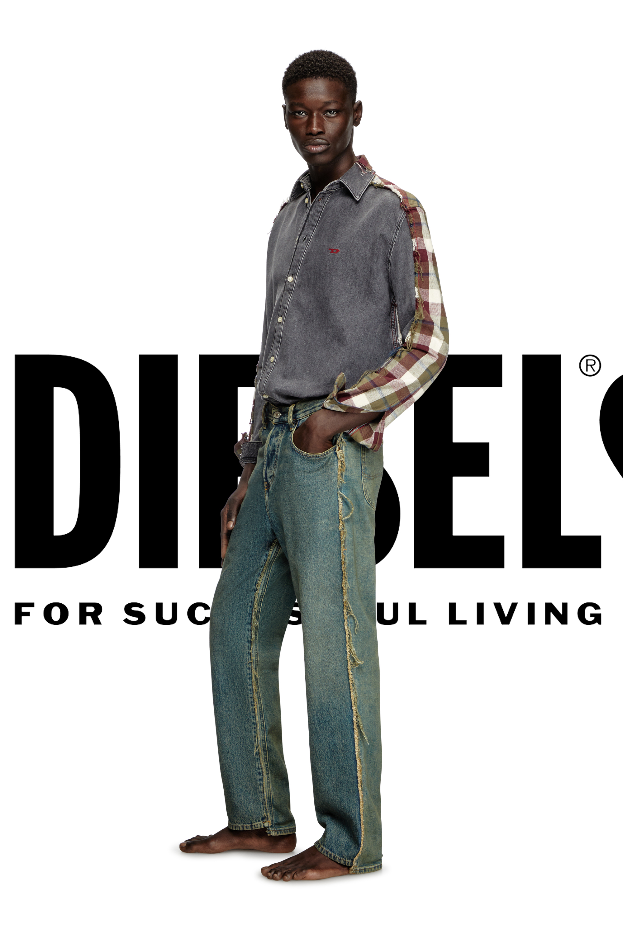 Diesel - Shirt Dieseloves 7A, Unisex's Denim and check shirt in Grey/Red - 1