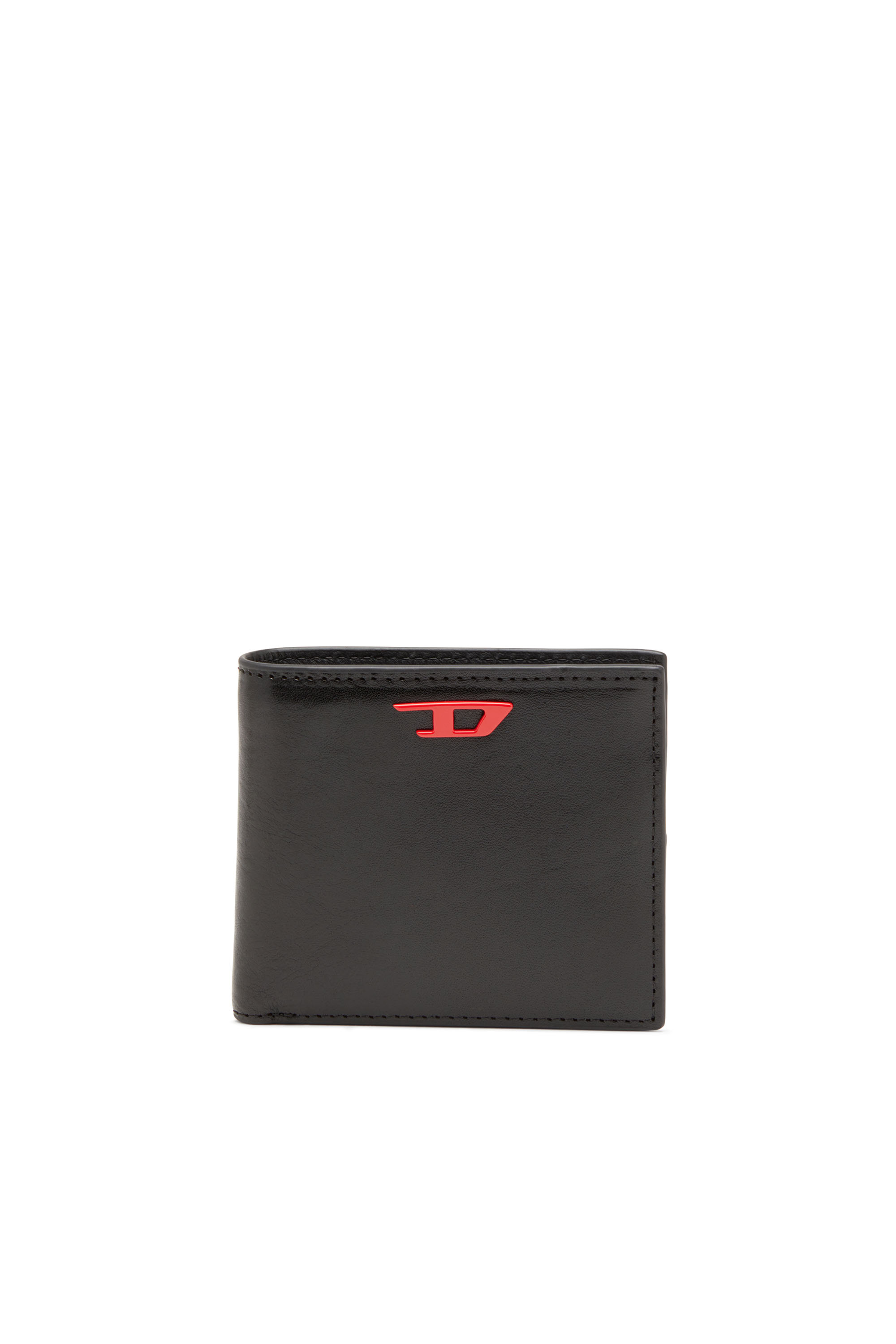 Diesel - RAVE BI-FOLD COIN S, Man's Leather bi-fold wallet with red D plaque in Black - 1