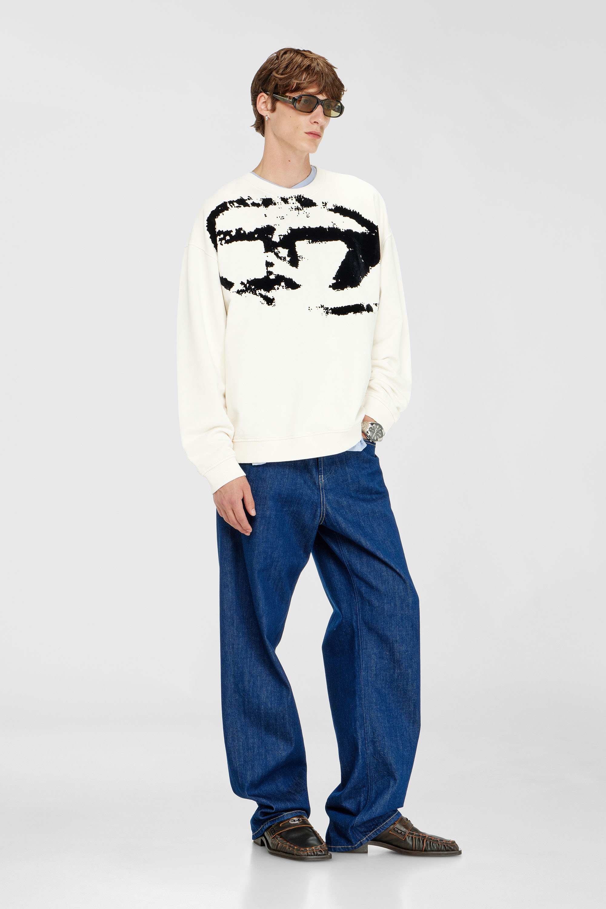 Diesel - S-BOXT-N5, Man's Cotton sweatshirt with flocked Oval D in Black/White - 2