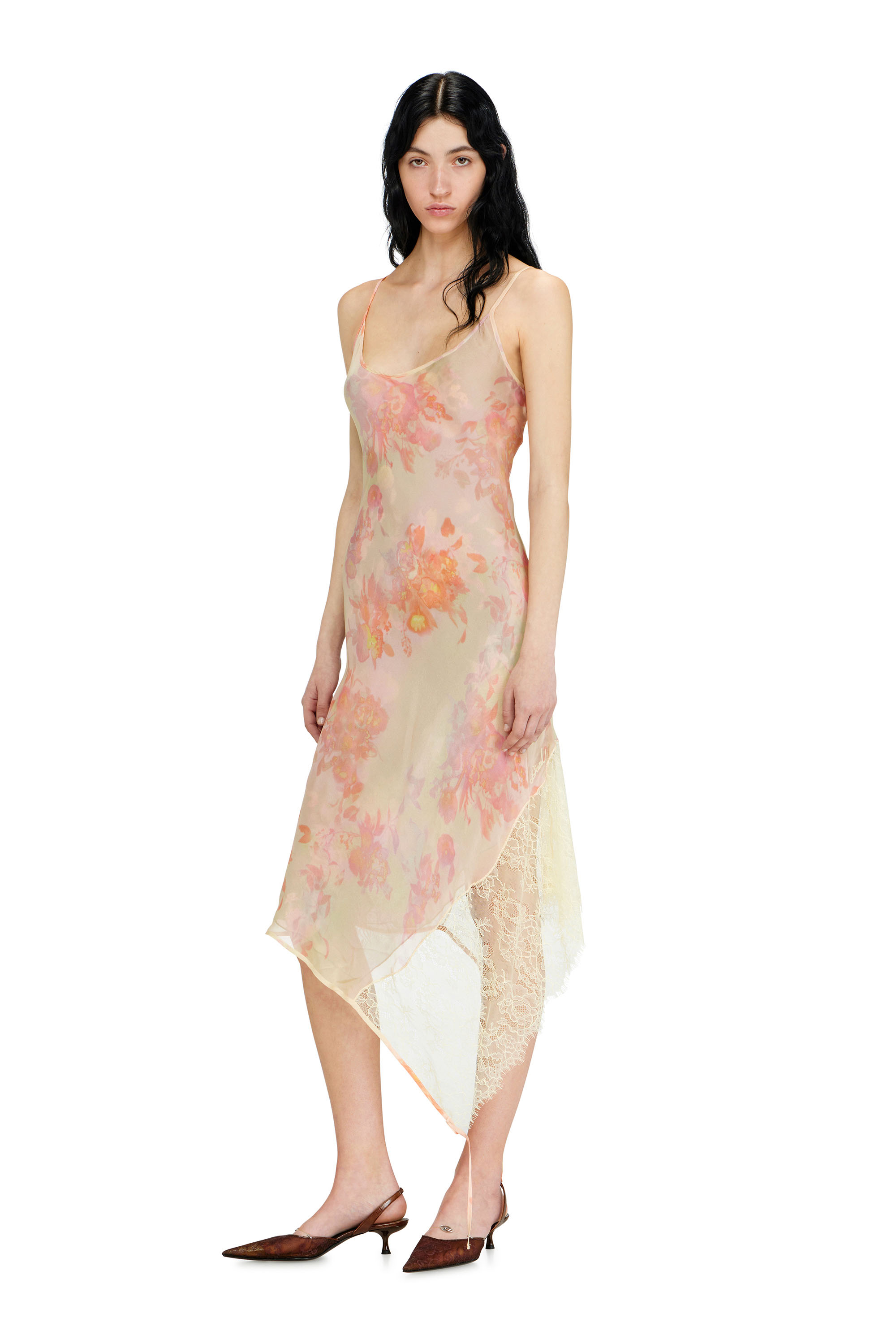 Diesel - D-ANCEL, Woman's Midi slip dress with floral print and lace trim in Pink/Yellow - 2