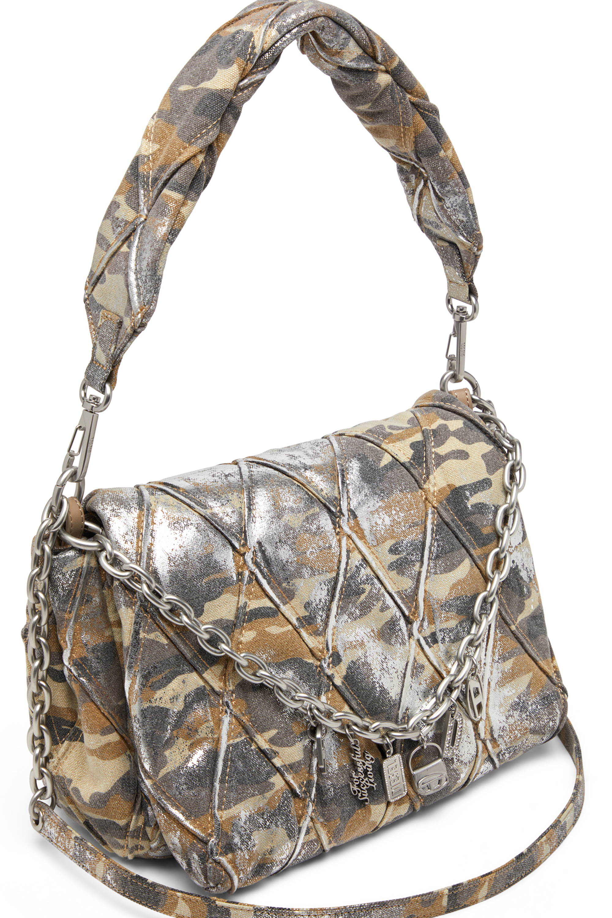 Diesel - CHARM-D SHOULDER M, Woman's Charm-D M-Shoulder bag in metallic camo canvas in Multicolor/Brown - 6