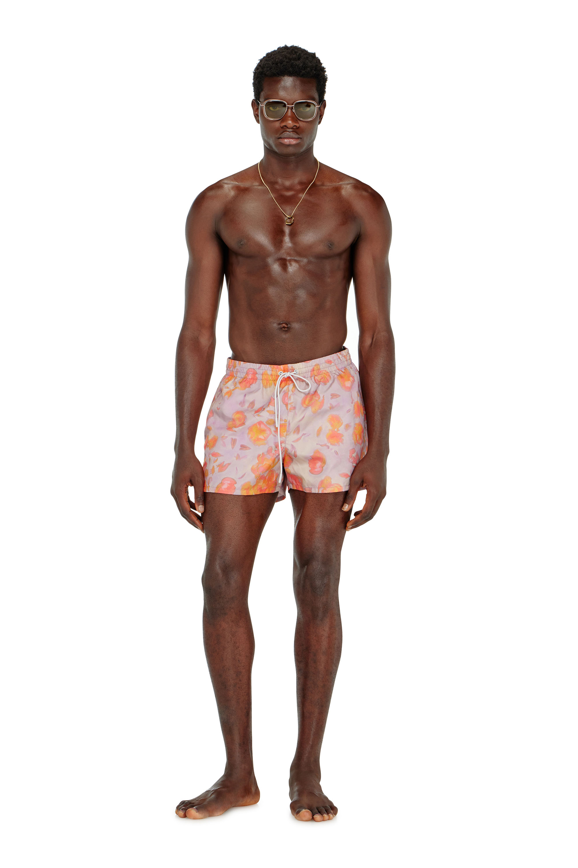 Diesel - OLLY-34-D-CORE, Man's Metallic swim shorts with floral print in Lilac - 1