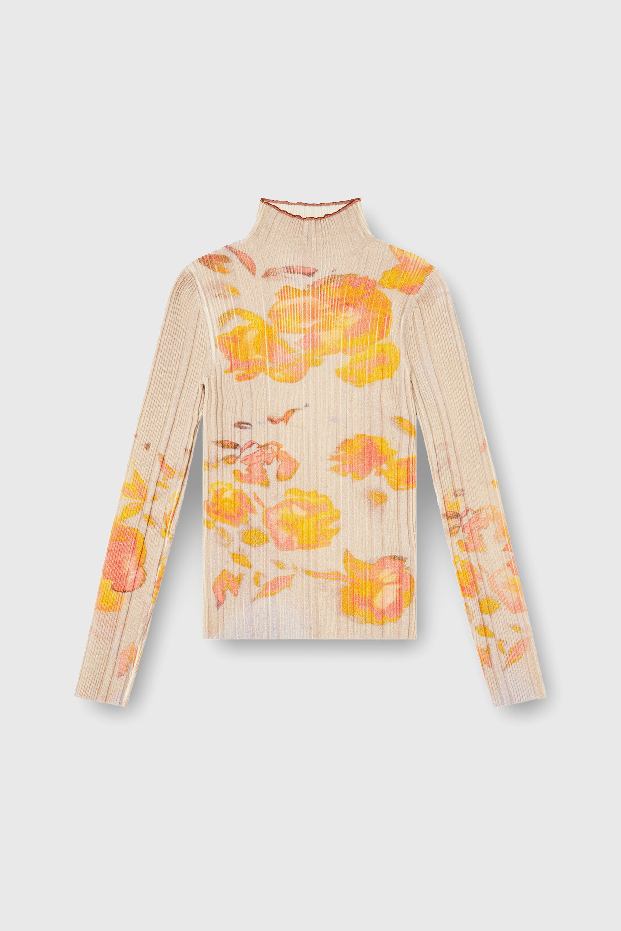 Diesel - M-IORIA, Woman's Ribbed wool turtleneck top with floral print in Yellow/Beige - 1