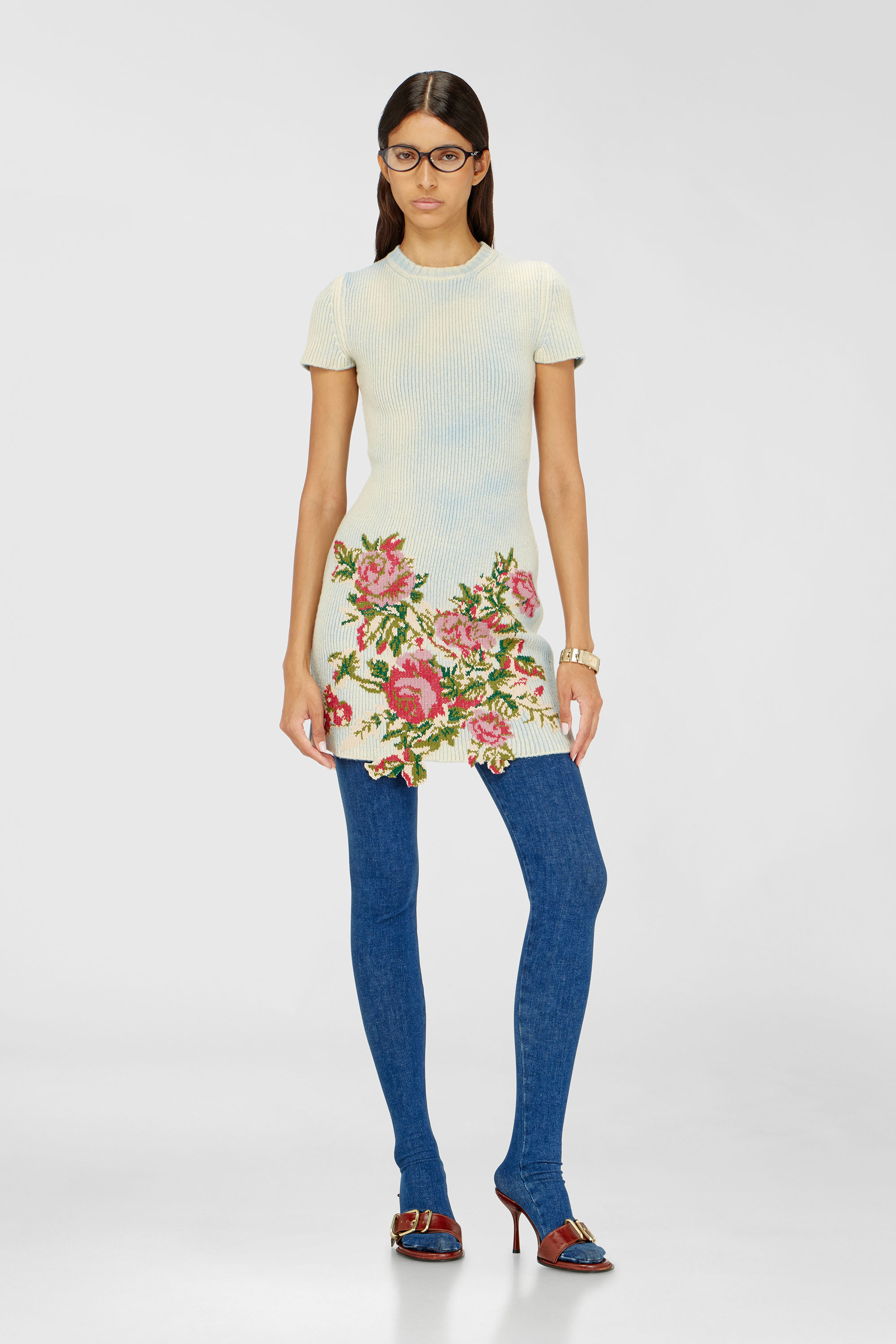 Diesel - M-RINNIE, Woman's Short dress in floral wool-blend knit in Pink/Blue - 1