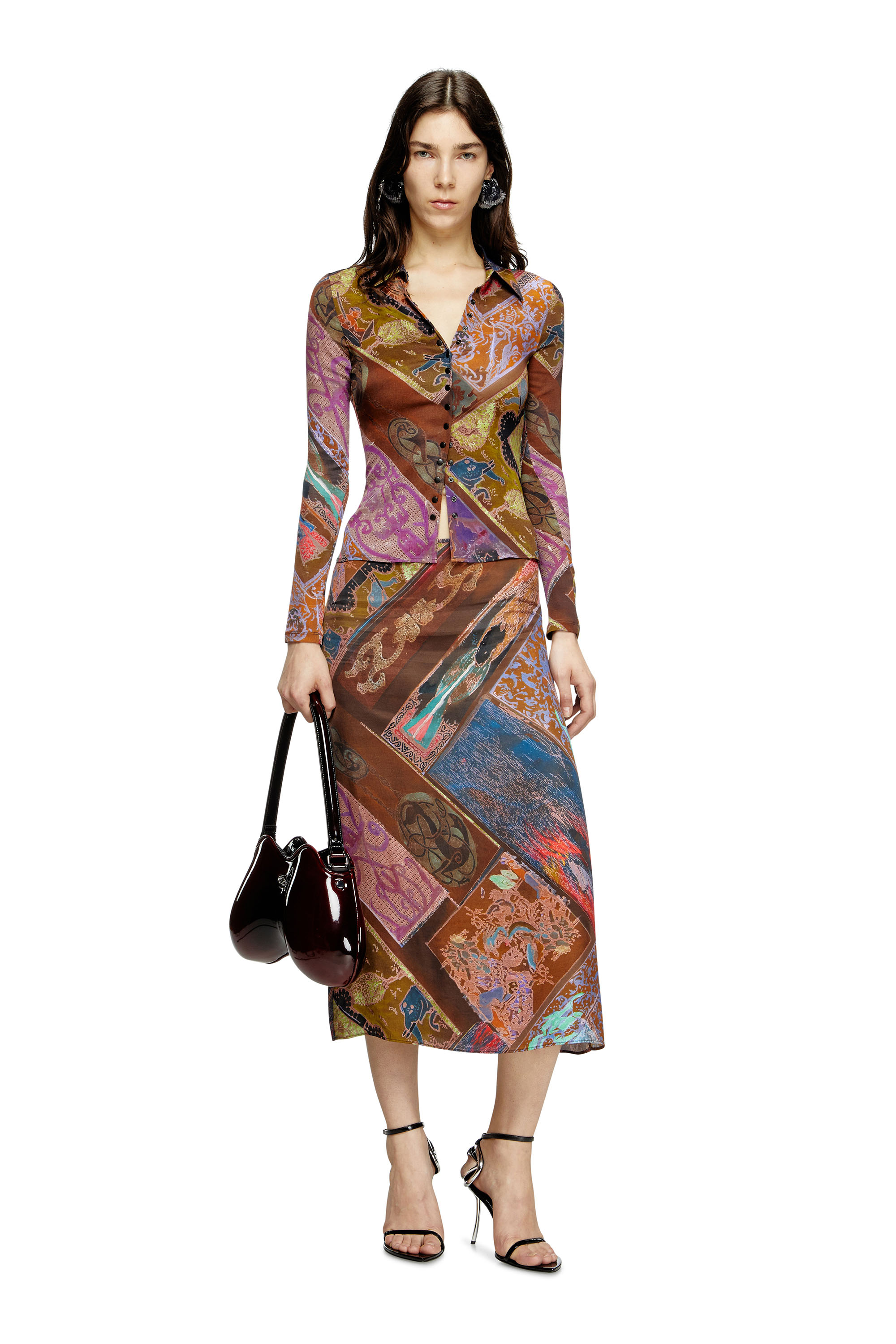 Diesel - C-AMELIA, Woman's Stretch-viscose shirt with Heraldic print in Brown - 1