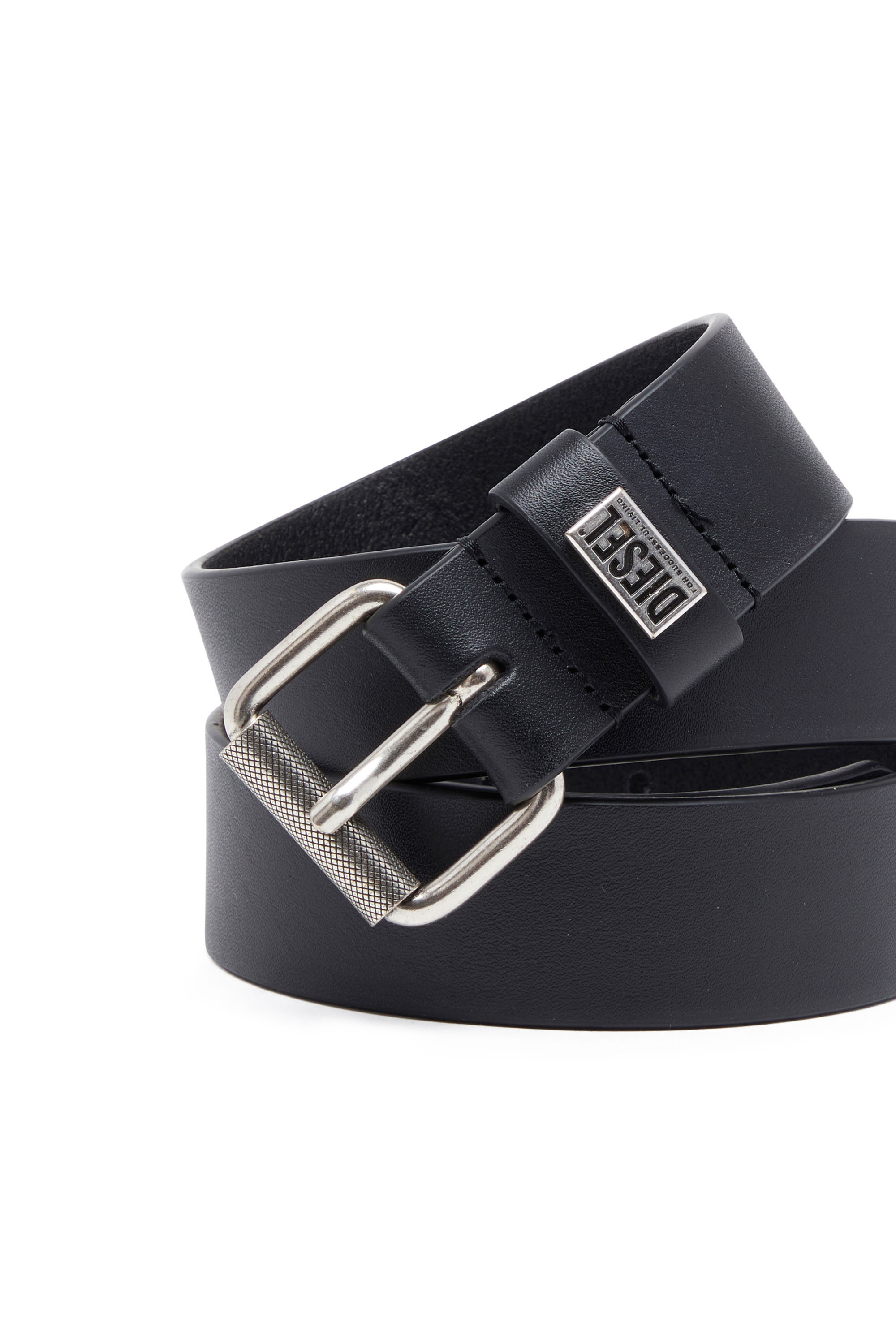 Diesel - B-BISCOTTO-LOOP, Man's 3.5cm leather belt with logo plaque in Black - 3