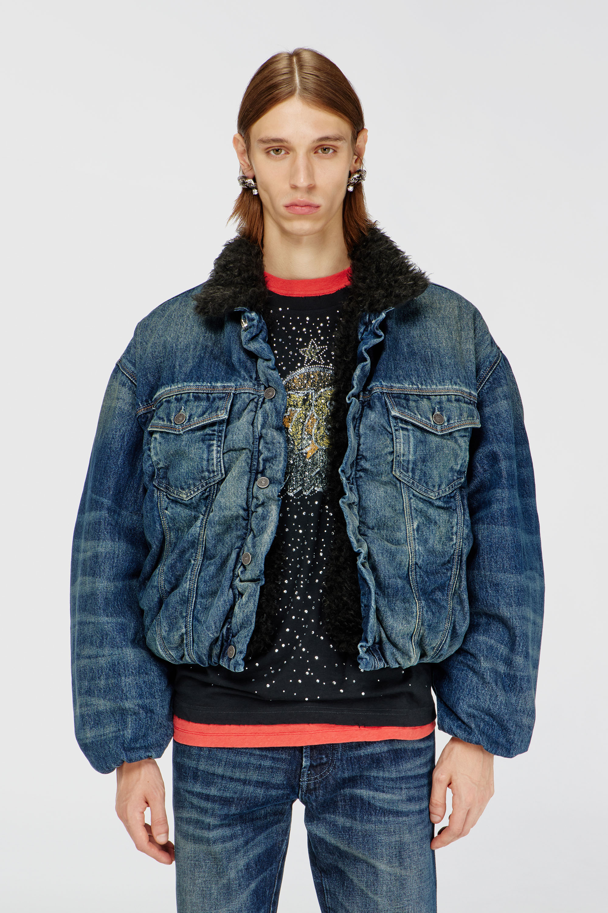 Diesel - D-CURLY-FSJ1, Unisex's Teddy-lined trucker jacket in denim in Dark Blue - 1