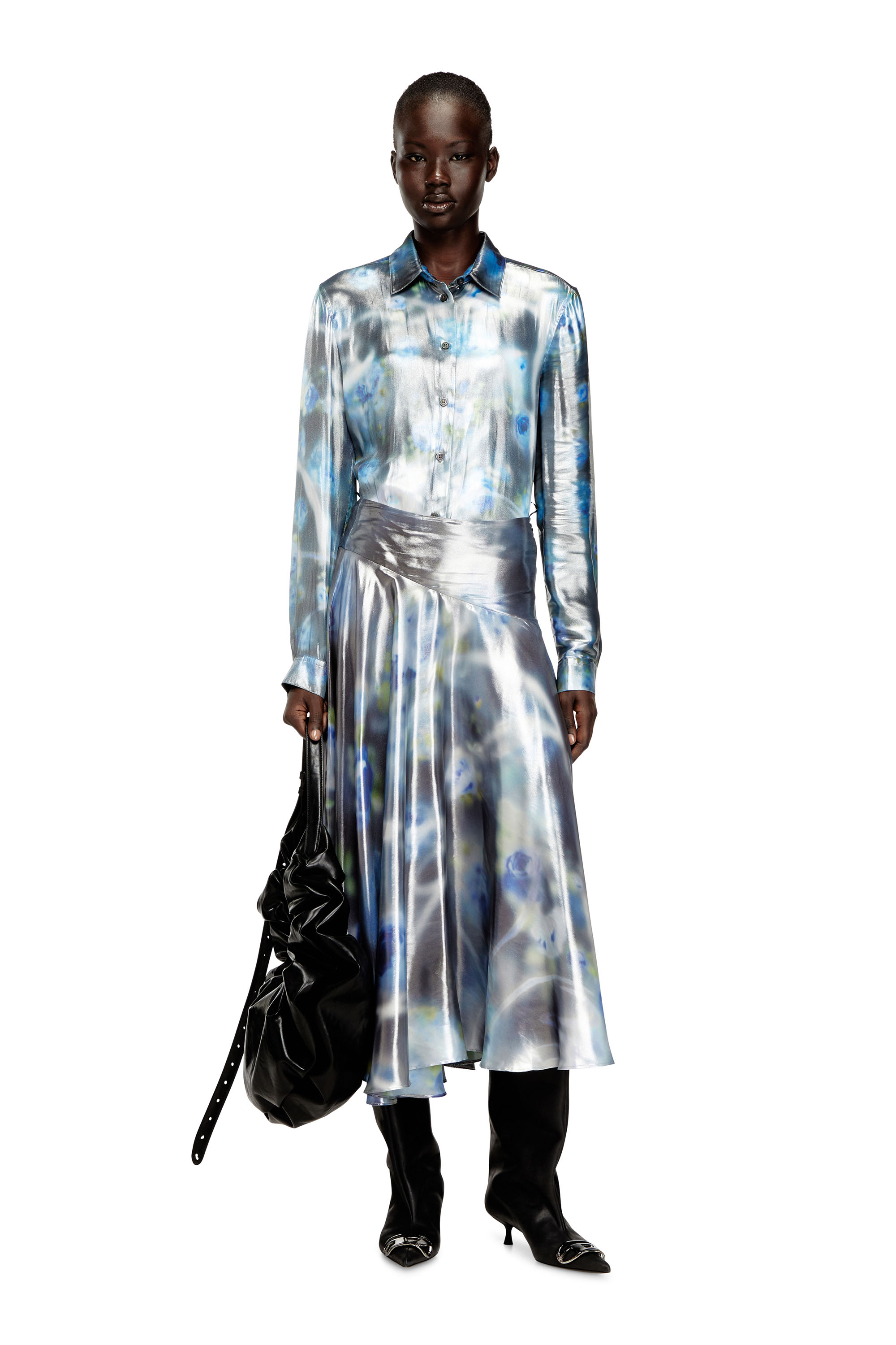 Diesel - C-RONOR-S2, Woman's Metallic shirt with blurred roses print in Blue - 2