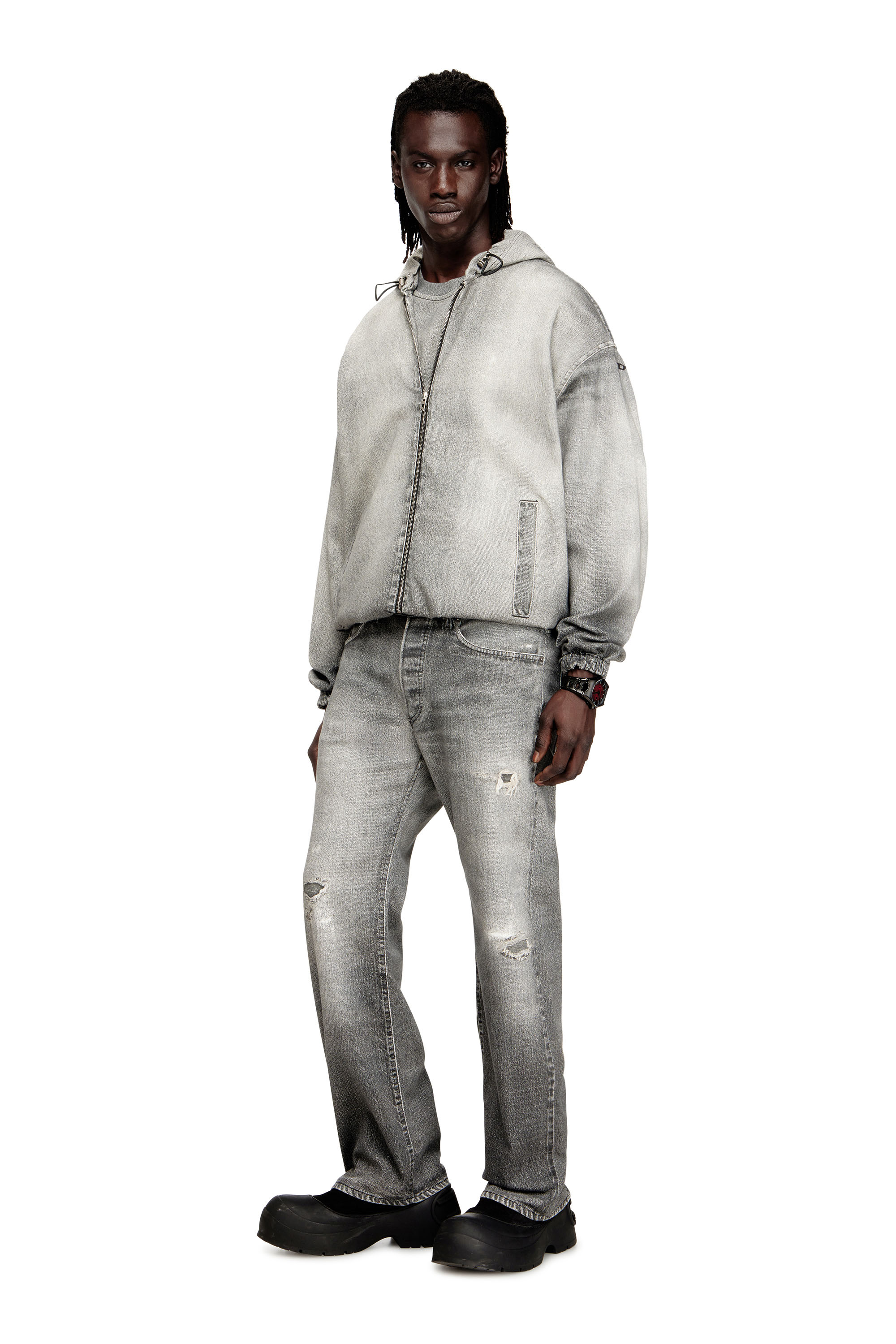 Diesel - D-WYNNY JOGG, Man's Hooded jacket in trompe l'oeil JoggJeans in Grey - 2