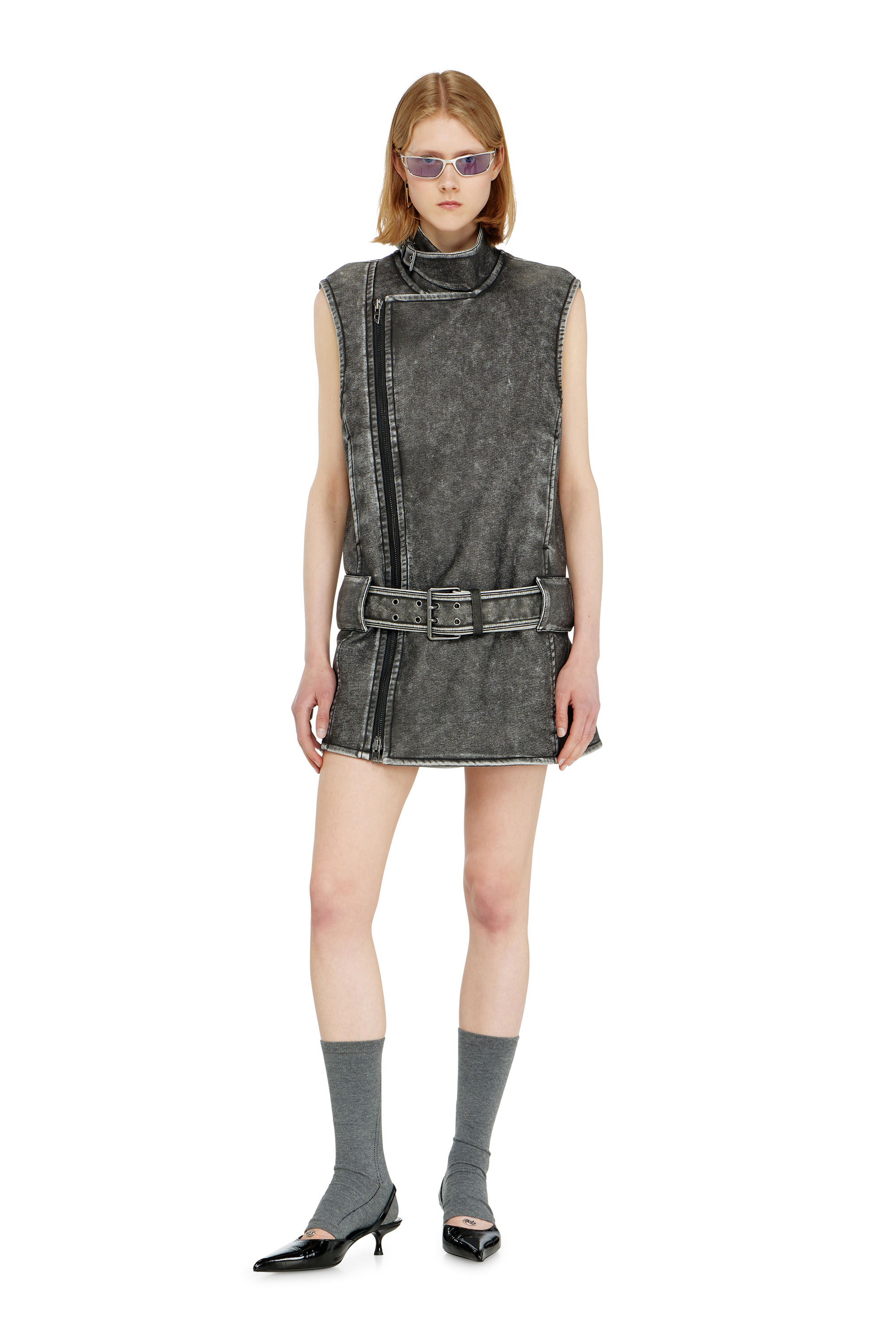 Diesel - D-IKE, Woman's Biker-style mini dress with belt in Grey - 2