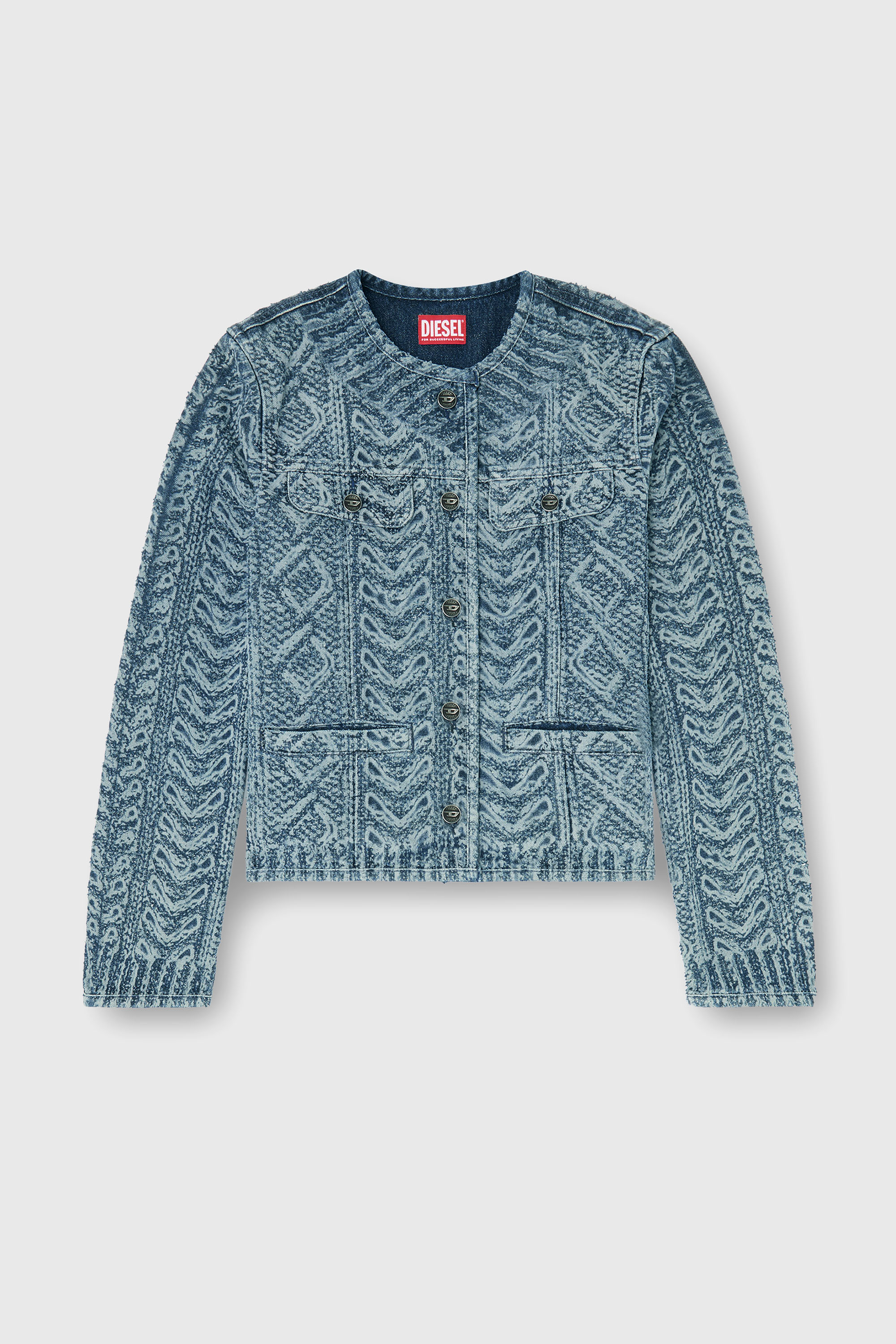 Diesel - DE-GRAFY-S2, Woman's Collarless jacket in cable-knit-effect denim in Medium blue - 1