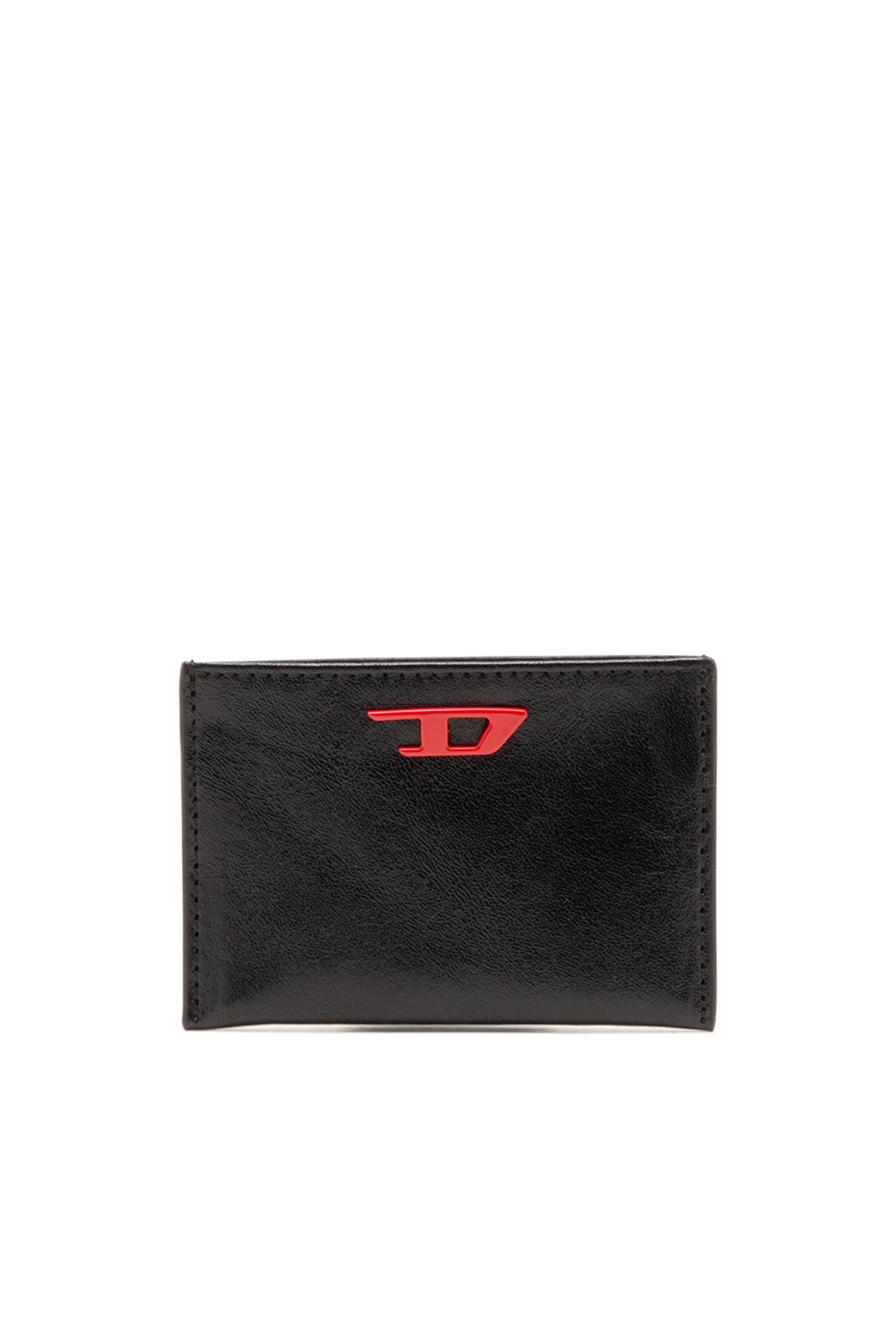 Diesel - RAVE CARD CASE, Man's Leather card holder with red D plaque in Black - 1