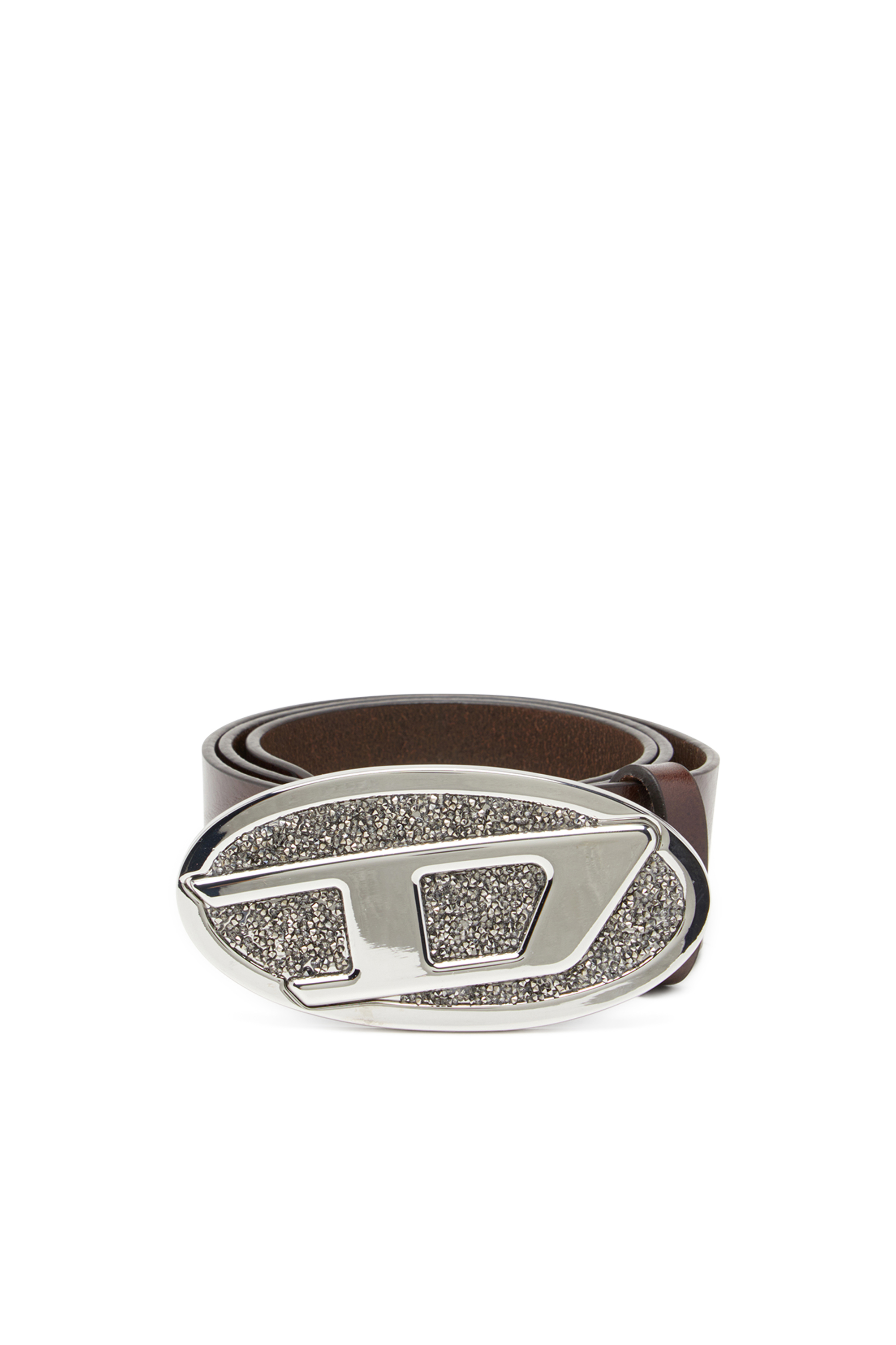 Diesel - B-1DR 2.0 FULL ROCKS, Woman's 4cm leather belt with rhinestone Oval D buckle in Brown - 1